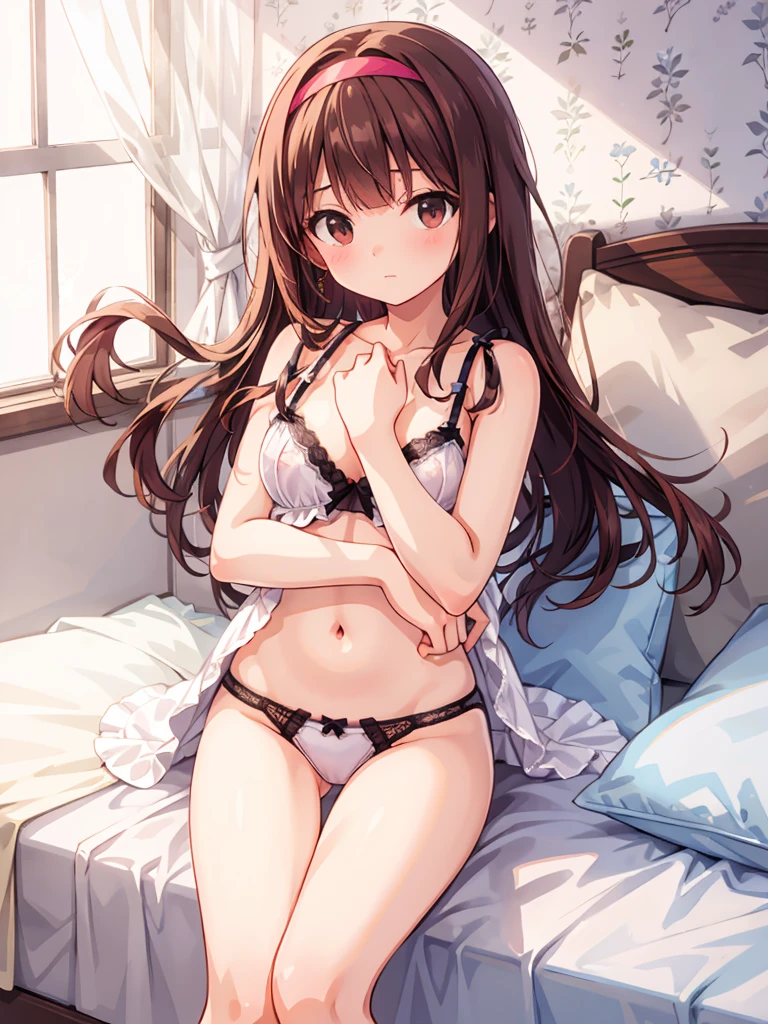 masterpiece, beautiful illustrations, highest quality, pretty girl, 1girl, Bedroom, pastel colour, (two-separated lingerie), cute lingerie, reddish brown long hair, headband, bright lighting, presenting, looking at viewer, on bed
