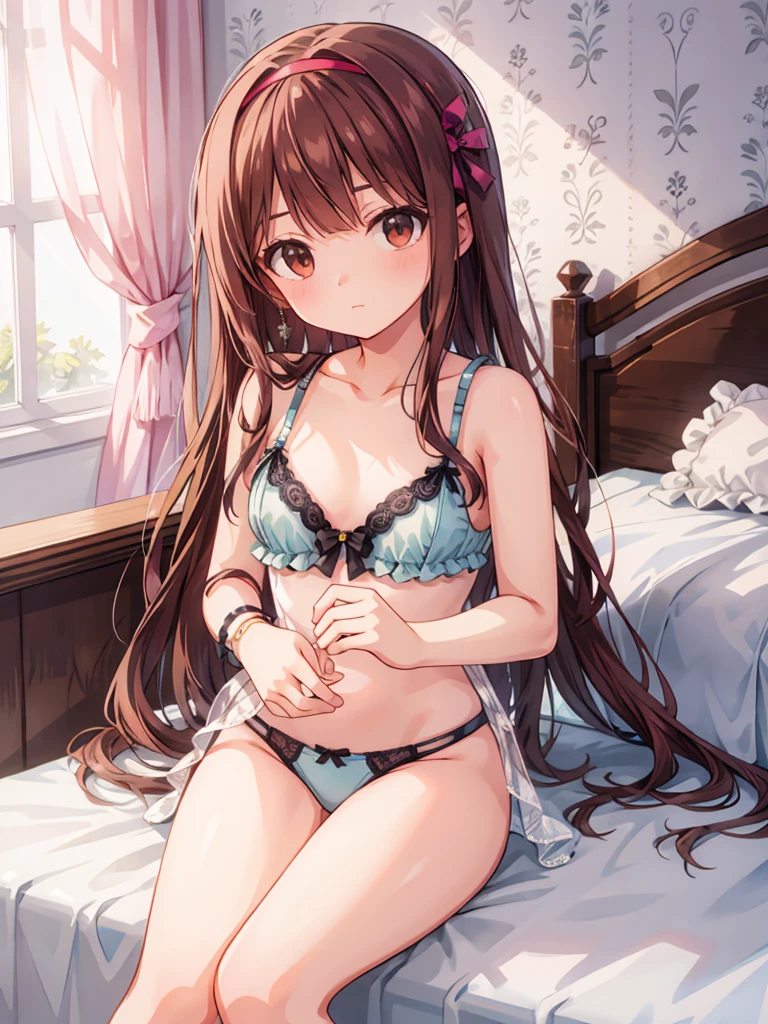 masterpiece, beautiful illustrations, highest quality, pretty girl, 1girl, Bedroom, pastel colour, (two-separated lingerie), cute lingerie, reddish brown long hair, headband, bright lighting, presenting, looking at viewer, on bed