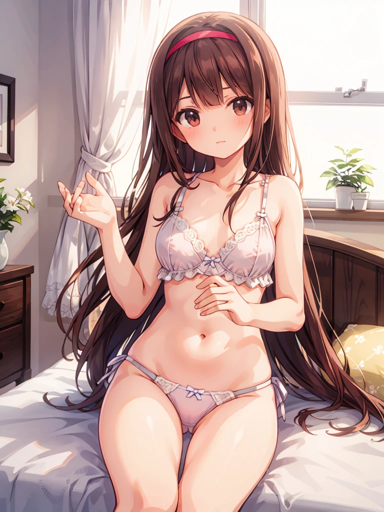 masterpiece, beautiful illustrations, highest quality, pretty girl, 1girl, Bedroom, pastel colour, (two-separated lingerie), cute lingerie, reddish brown long hair, headband, bright lighting, presenting, looking at viewer, on bed