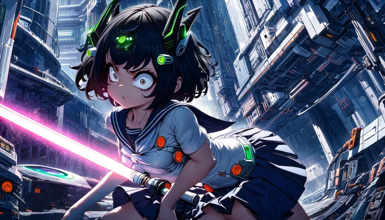 (Black and white Anime Line Art) (extreme complexity, two subjects unique and individual) (subject 1:A sexy Sith Warlord (alien, big breasts, no hair many small horns instead, demon eyes, many fierce and evil tattoos, small fighting costume, looks unhinged, wielding a evil light saber)) is dueling with a (subject 2: Japanese Jedi woman (big butt, small breasts, sailor school outfit with scifi gadgets, short hair, big eyes, calm and composed, masterfully deflecting the Sith attacker with her good light saber)), set in a sci-fi high technology building