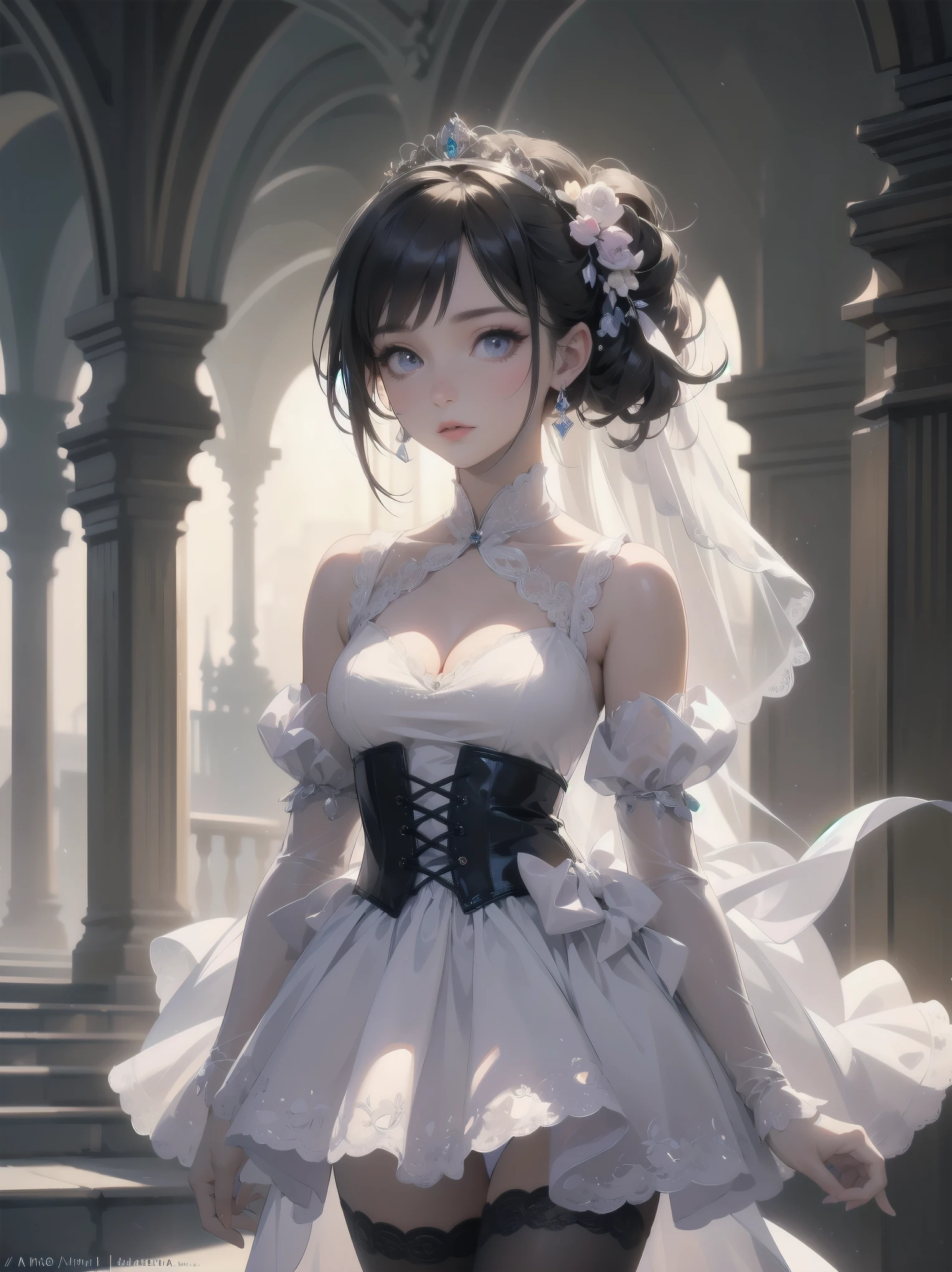 bride: wedding ring shining on ring finger Fusion of medieval European fashion Emphasis on elements of cuteness and adoration Posed illustration of the overwhelming cuteness of the character in the foreground Overwhelming architectural and cityscape background Ultra-detailed, rich, contemporary interpretation of medieval Europe and fantasy world Realistic textures, Professional artistic shading and light sources, scene-like cinematography and effects, depth of subject One beautiful girl, super cute, bob cut, side ponytail, perfect anatomy
Colours: pastel, white, pale purple, blue, gingham check
Materials: chiffon, lace, satin, velvet, etc. Silhouette: fluffy skirt, A-line, long length
Decoration: frills, ribbons, lace, pearls, embroidery etc. Coordinates Romantic princess: pastel dress, lace blouse, fluffy skirt, ribbon hair accessory, black tights Add accessories and accessories to personalise.