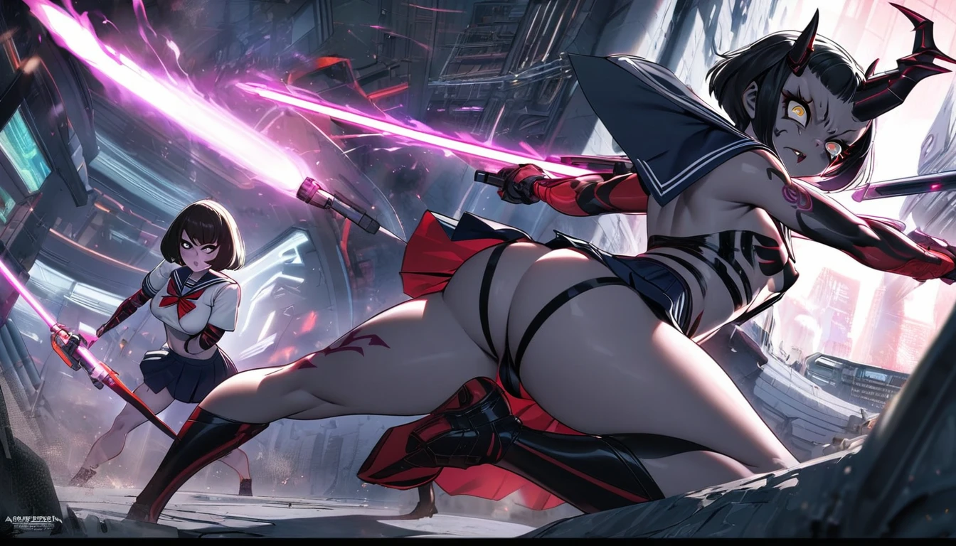 (Black and white Anime Line Art)(Line Art)(Black and White) (extreme complexity, two subjects unique and individual) (subject 1:A sexy female Sith warrior (alien, big breasts, no hair many small horns instead, demon eyes, many fierce and evil tattoos, small fighting costume, looks unhinged, wielding a evil light saber)) is challenging a (subject 2: Japanese Jedi woman (big butt, small breasts, sailor school outfit with scifi gadgets, short hair, big eyes, calm and composed, masterfully wielding her light saber)), set in a sci-fi high technology building