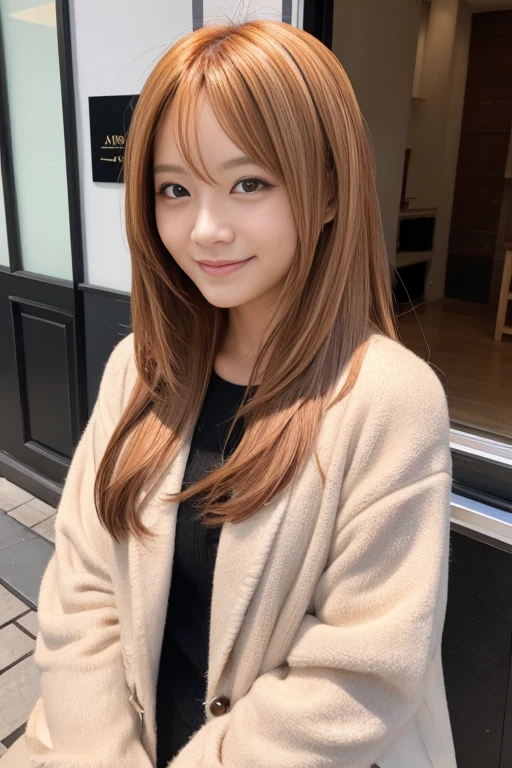 Copper tone hair, blond streaked hair, BREAK, forehead, BREAK, japanese woman,japanese,solo,1 women, 25 years old,smile