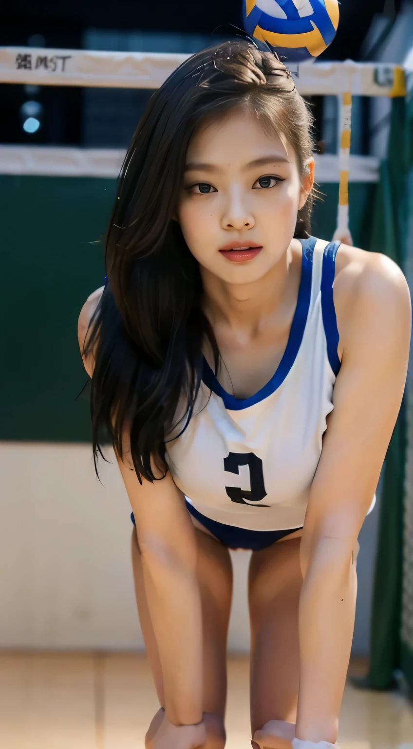 NSFW, ((full_body_shot:1.6)), ((Back shot:1.4, Rounded ass, butt crack、thighs、turn around)), (full body portrait, Show off your shoes), (This is a very delicate and beautiful work.), ((masterpiece)), (highest quality), athlete body, one woman, (volleyball uniform:1.4), (indoor_volleyball_court_background:1.4), (sexually excited face:1.4), ((dynamic pose:1.4)), high nose bridge, hair cut at the shoulder,((fair skin:1.4,  years olSweaty and wet body)), bright lighting, Natural light, realistic lighting, nice lips, Ultra-fine painting, delicate face, delicate figure, (Depth of the bounds written:1.2), style, super detailed, (realistic, photograph_realistic:1.4), Physically based rendering, perfect white balance, professional color grading, 8K, Raw photograph, color photograph, product photographgraphy