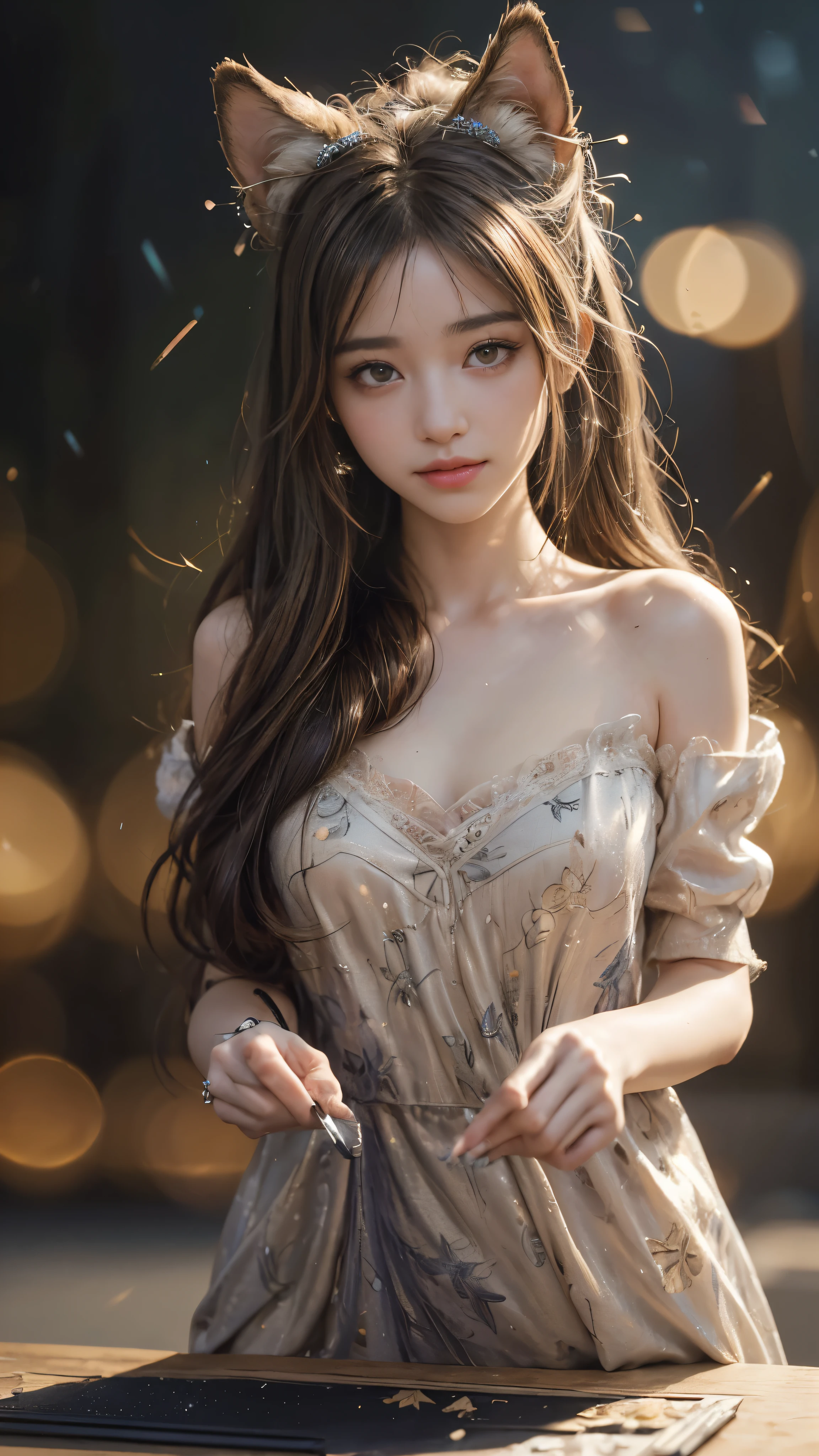 ((original:1.2), intricately detailed illustration, ((masterpiece:1.3)), animated girl with animal ears and hair ornament, ((extremely detailed CG:1.5), Unity 8k Wallpaper), ((high:1.5), ((sharpening:1.37)), dynamic lighting, ((bokeh:1.4)), a beautiful girl with animal ears and hair ornament, her features accentuated by the intricate detail and the intense highlight effects, her eyes sparkling under the sharpening focus, her fur textures individually defined in the extreme detail of the CG rendering, the scene bathed in the depth and dynamism of the bokeh