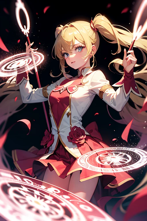 Magical girl,The main color of the screen is red,The girl was armed with a spear,A magic circle with red lotus drawn in the background,The girl has twin ponytails