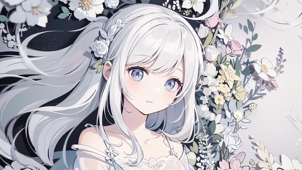 ((masterpiece, best quality))++, Detail lights+, detail hair+, Detail hand+ ,1 girl, long gray hair, dark blue eyes, beautiful eyes, Young gray hair,,(beautiful white hair:1.5),(beautiful eyes), high resolution+, , Glass tones, Reflective eyeanyery detail wallpaper, The original, ,Headband ,Nature,Beautiful aurora,single ponytail,city street,A splendid sea of flowers,The girl is sleeping
