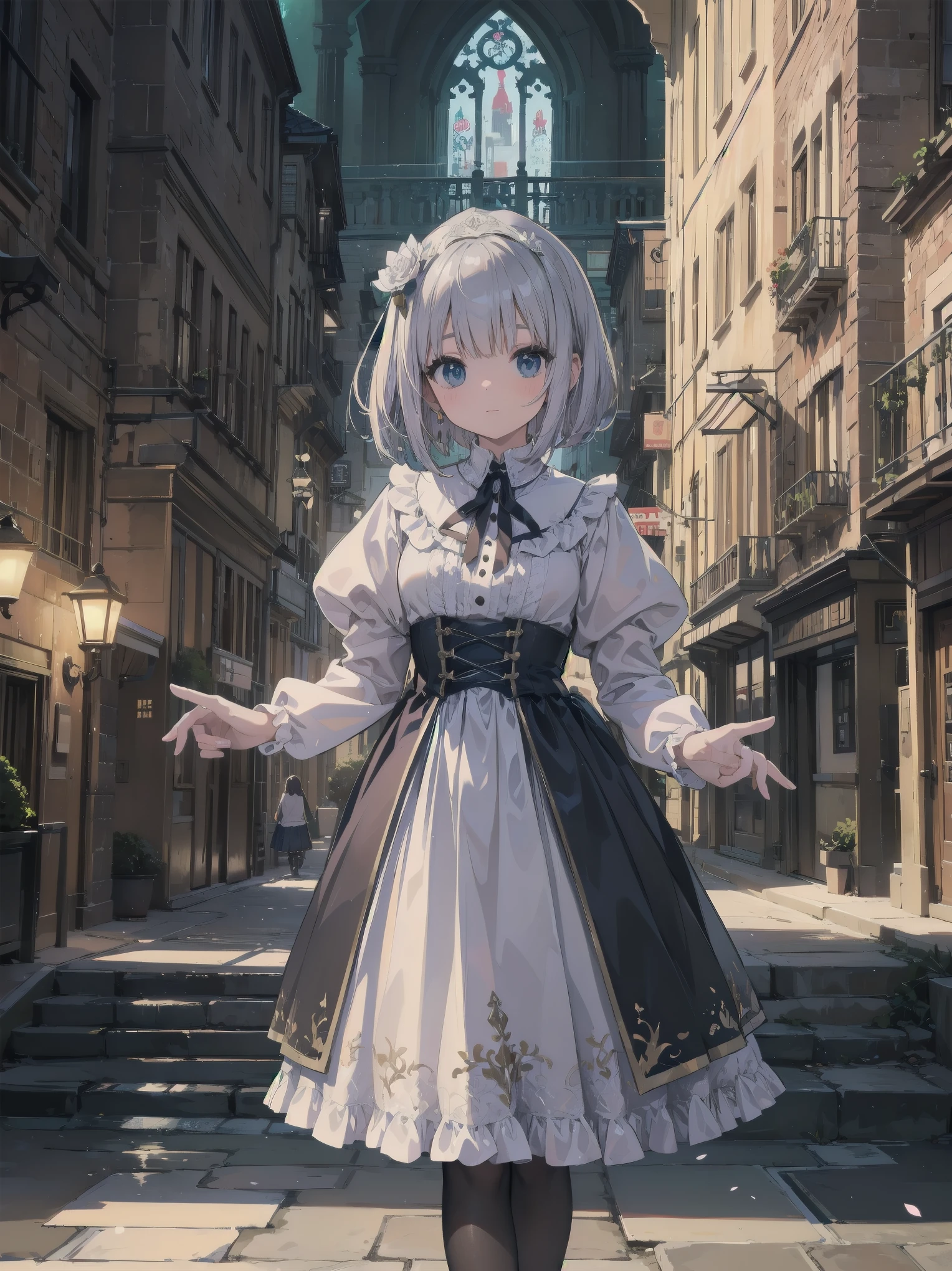 bride: wedding ring shining on ring finger Fusion of medieval European fashion Emphasis on elements of cuteness and adoration Posed illustration of the overwhelming cuteness of the character in the foreground Overwhelming architectural and cityscape background Ultra-detailed, rich, contemporary interpretation of medieval Europe and fantasy world Realistic textures, Professional artistic shading and light sources, scene-like cinematography and effects, depth of subject One beautiful girl, super cute, bob cut, side ponytail, perfect anatomy
Colours: pastel, white, pale purple, blue, gingham check
Materials: chiffon, lace, satin, velvet, etc. Silhouette: fluffy skirt, A-line, long length
Decoration: frills, ribbons, lace, pearls, embroidery etc. Coordinates Romantic princess: pastel dress, lace blouse, fluffy skirt, ribbon hair accessory, black tights Add accessories and accessories to personalise.