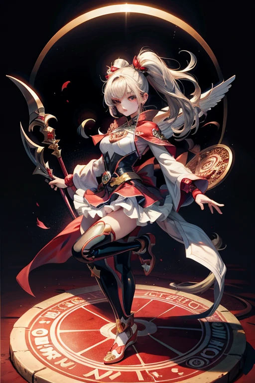 Magical girl,The main color of the screen is red,The girl was armed with a spear,A magic circle with red lotus drawn in the background,The girl has red twin tails,The spear should stand out in the picture