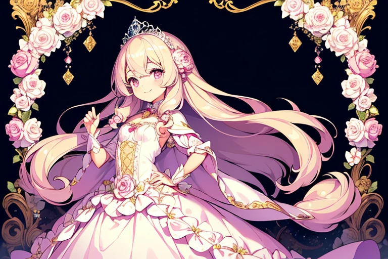 (kawaii),(best quality),(ultra detailed),(rococo style),(long train pastel pink cape:1.15), very long cape,(long train white ball gown with flower decorations:1.1), a girl is wearing a cape over her gown, 1 little princess, tiara, smile, very long hair, small breasts, beautiful detailed eyes, beautiful detailed lips