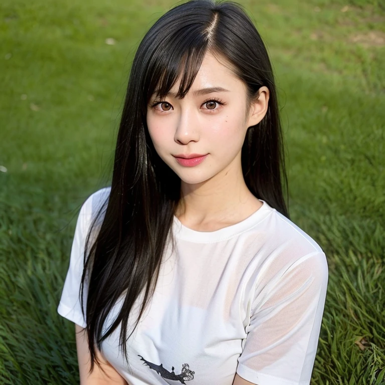(kawaii 24 year-old Japanese girl, Nogizaka idol, Korean idol), healthy female athlete body, (glossy black hair, pixie cut, messy hair edge, symmetric length hair:1.3), (bangs), (rounded face, brown eyes, single eyelid, no makeup, soft smiling:1.2), (wearing over-sized t-shirt, skinny jeans:1.3), flat chest, extra small breasts, (looking at viewer:1.2), BREAK, (on turf in the park:1.3), (dynamic angle:1.3), BREAK, (masterpiece, best quality, photo realistic, official art:1.4), (UHD, 8K quality wallpaper, high resolution, raw photo, golden ratio:1.2), (shiny skin), professional lighting, physically based rendering, award winning, (perfect anatomy, highly detailed skin, extremely detailed face and eyes), Carl Zeiss 85 mm F/1.4, depth of field, 1girl, solo,