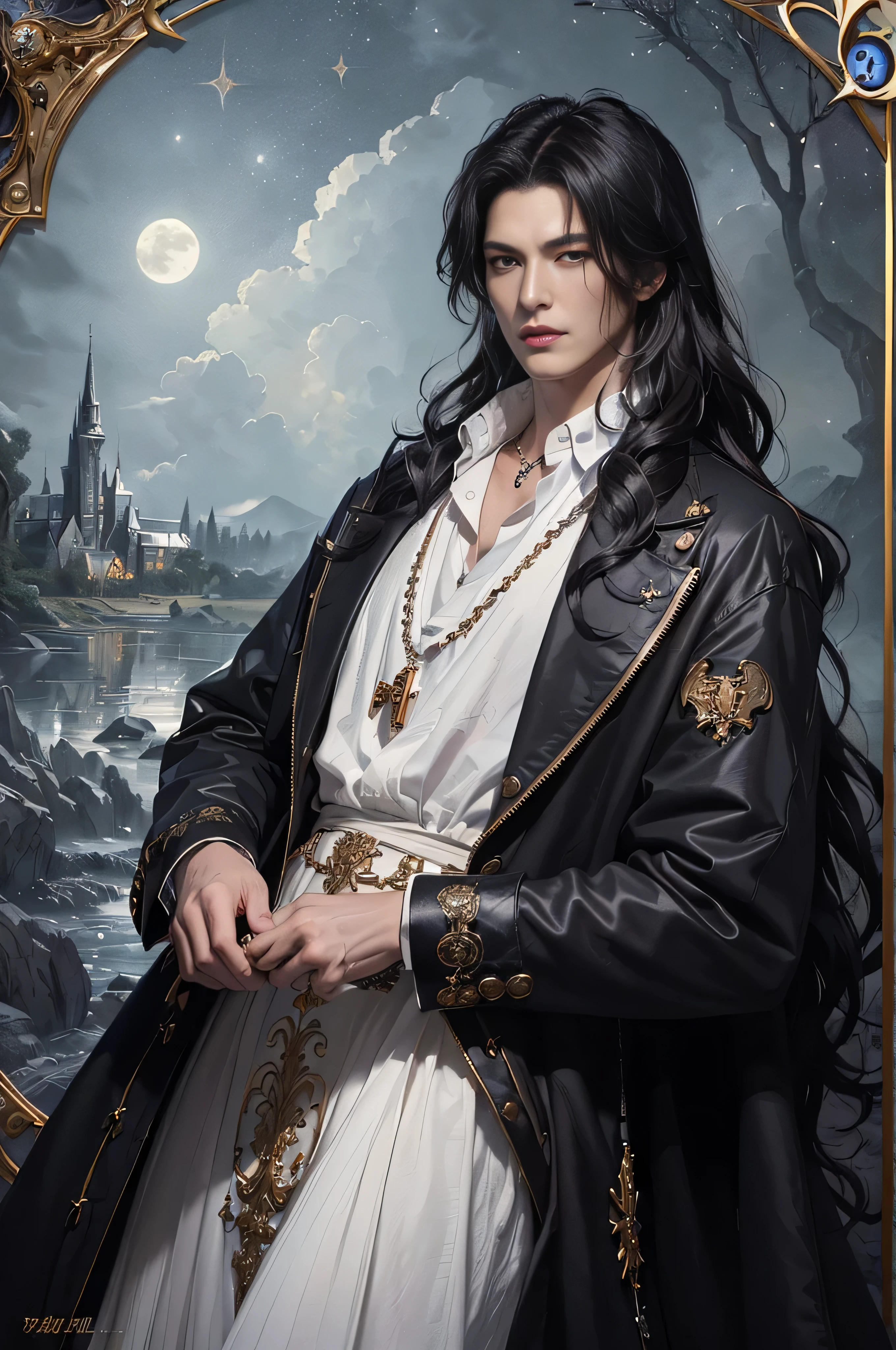 (masterpiece、top-quality、top-quality、Detailed and complex、official art、aesthetically pleasing:1.3)、(1 blackhaired male vampire in:1.3)、(Lee Min Ho look) (realistic art:1.3)、black coat, white shirt, gold accessories, gothic castle background. Moon and stars background, curly black hair, serious angry expression, small beard