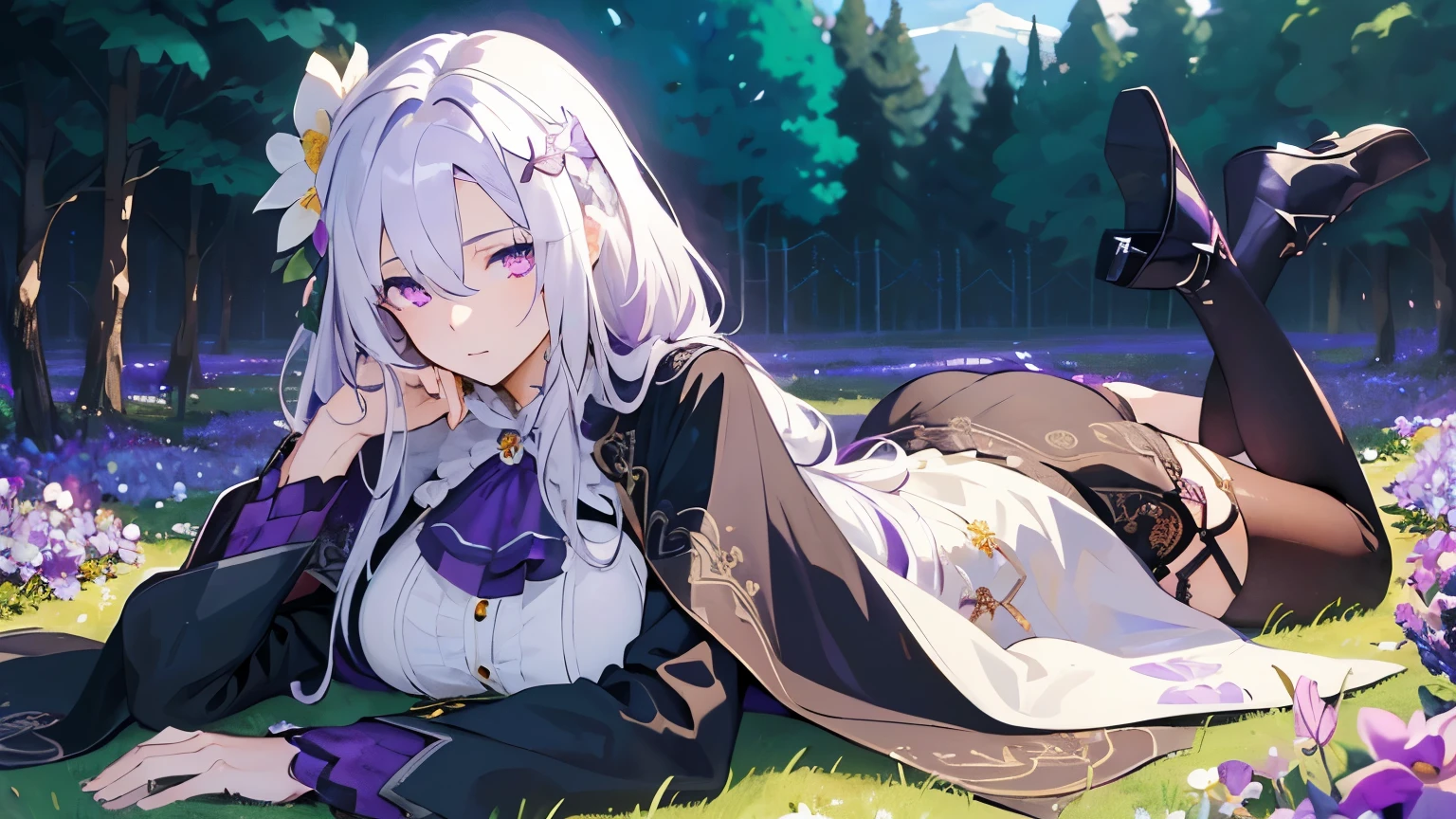 (best quality:1.3), (masterpiece:1.3), (illustration:1.3), (ultra-detailed:1.3), 1girl, (((large breasts))), ((((purple eyes))), (((white hair))), hair ornaments, tall, mature, long hair, black suit, ascot, cloak, long sleeves, skirt, dressaug, hair between eyes, purple flowers, hair ornament, french braids, nice hands, perfect hands, garter straps, stockings, flowerbed, lying on side, lying on the ground, fields of flower,
