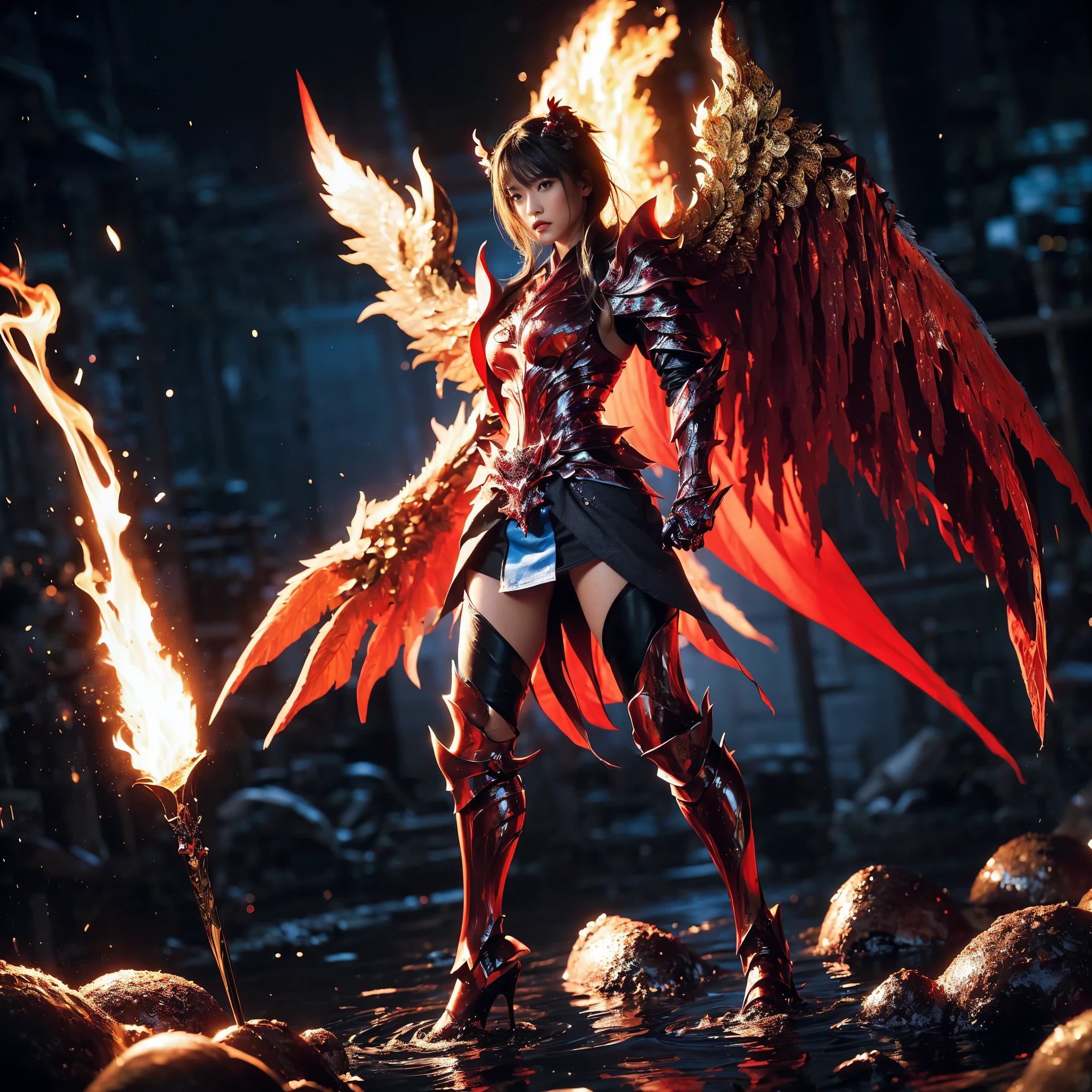 (((Picha, Realistic, masterpiece, best quality, crisp detail, high definition, high detail, very rich detail, sharp focus, sharp detail, colorful, rich color, perfect studio lightning))), ((20 years old, six armed japanese goddess of fire, kasumi arimura)) in the molten lava flood, wearing (((beautiful decorated golden heavy armor, phoenix armor, phoenix pinions, decorated full body armor, fully armored beautiful kimono, wide phoenix fire wings, blue aura))), (flying, floating, standing split, standing on one leg, hands of fire, fire swords, blood scattered face, blood tears, blood bath, blood shed), (((blood, death, japan bakumatsu period, dead bodies, burned japanese castle, catastrophe, exploding volcano, meteor shower, molten lava, flood)) background), shot from below