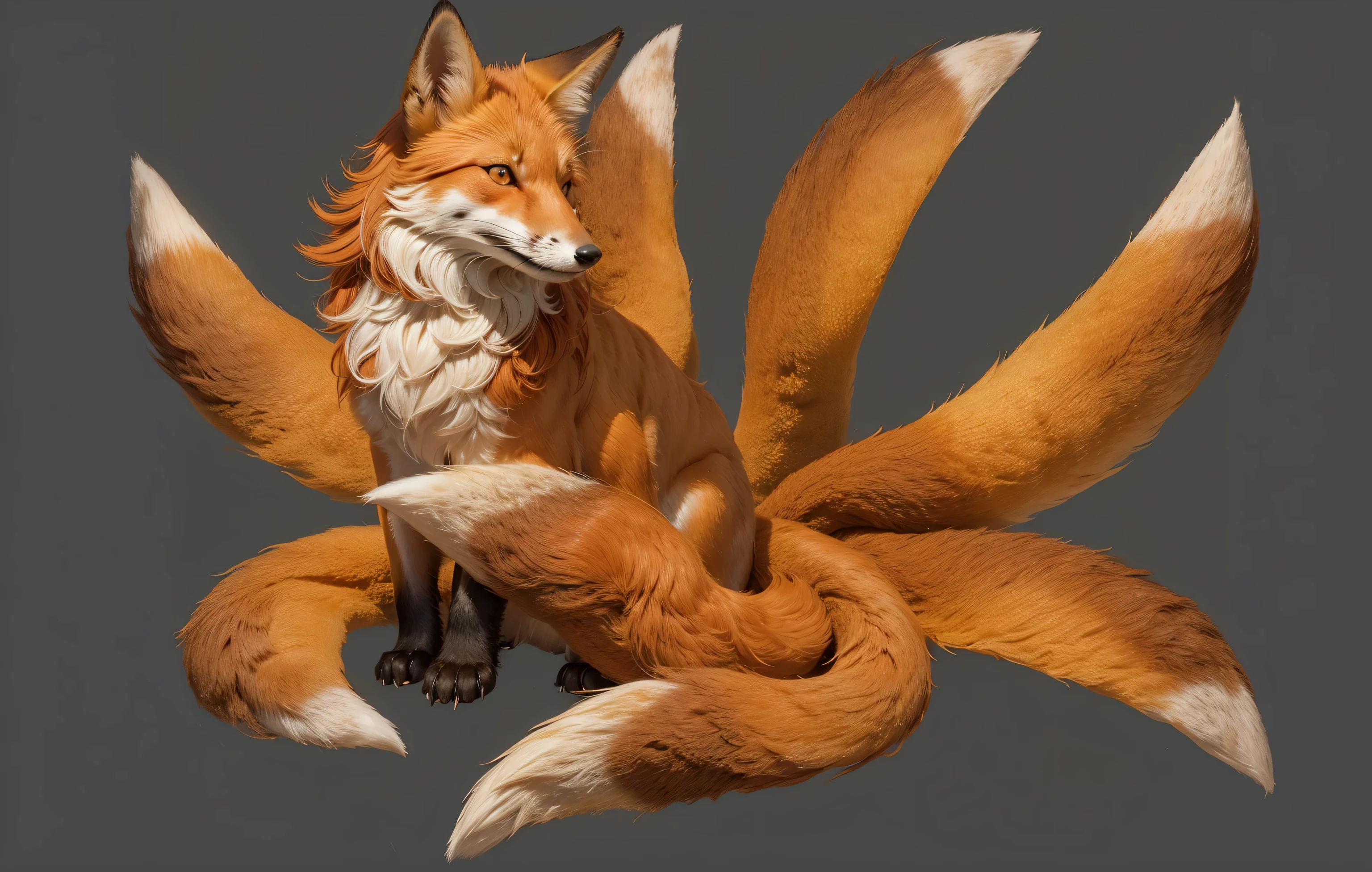 One red fox, yellow eyes、I can only see two legs、8 tails,A well-groomed, bushy tail、only one nose、Eyes are completely identical and symmetrical, only two ears, sitting, Joni Johnson Godsin Hepler style