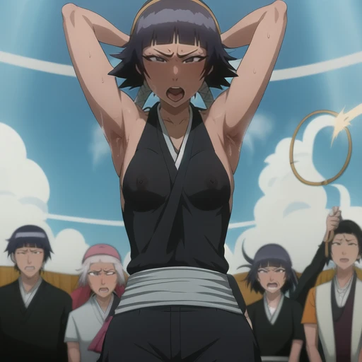 ( Animation screenshots:1.1),outdoor, Nipples exposed, 1 woman, alone, black hair, side breasts,eternal, short hair with long locks, japanese clothing, - Hip vents, no underwear,short hair, small breasts, (white eyes:1.1),No eyeballs, Also available in black, no headgear,low double braids,facing the audience, looking at the audience, tired, from below, (露armpit:1.1), ((armpit:1.2)), Sexy, Sweat dripping, More and more sweat,(ahegao), (Roll your eyes), naughty face, blush, open mouth, Sticking out tongue, saliva, Slobber,Runny nose,skinny, raise arms, (arms above head:1.5)