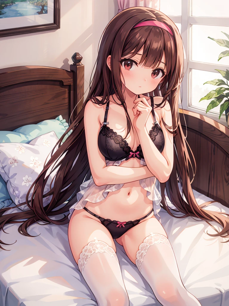 masterpiece, beautiful illustrations, highest quality, pretty girl, 1girl, Bedroom, pastel colour, (two-separated lingerie), cute lingerie, reddish brown long hair, headband, bright lighting, presenting, looking at viewer, on bed