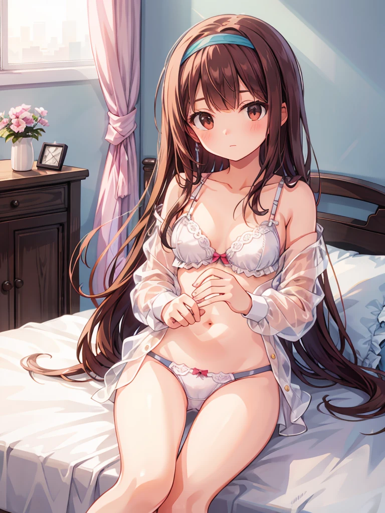 masterpiece, beautiful illustrations, highest quality, pretty girl, 1girl, Bedroom, pastel colour, (two-separated lingerie), cute lingerie, reddish brown long hair, headband, bright lighting, presenting, looking at viewer, on bed