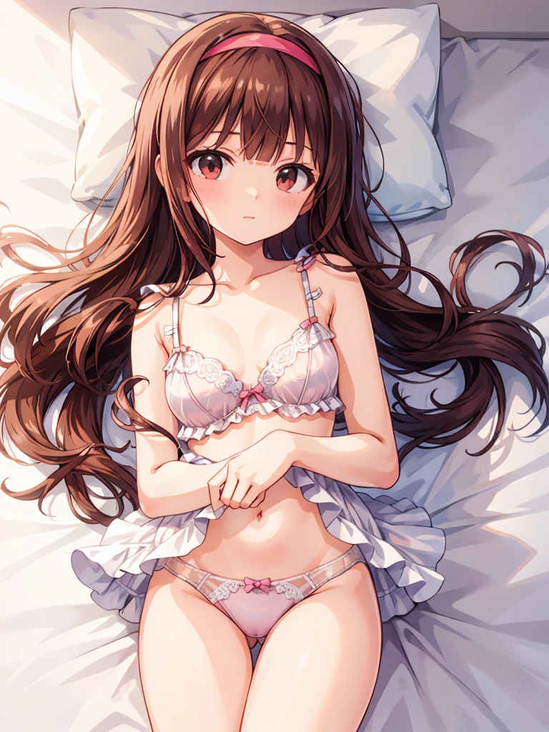 masterpiece, beautiful illustrations, highest quality, pretty girl, 1girl, Bedroom, pastel colour, (two-separated lingerie), cute lingerie, reddish brown long hair, headband, bright lighting, presenting, looking at viewer, on bed