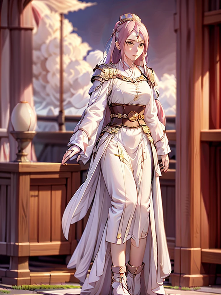 sakura haruno, wearing a golden western wedding off the shoulder dress, standing between clouds, crown on head, elegant, ultra high quality, 4k, wallpaper, full body picture