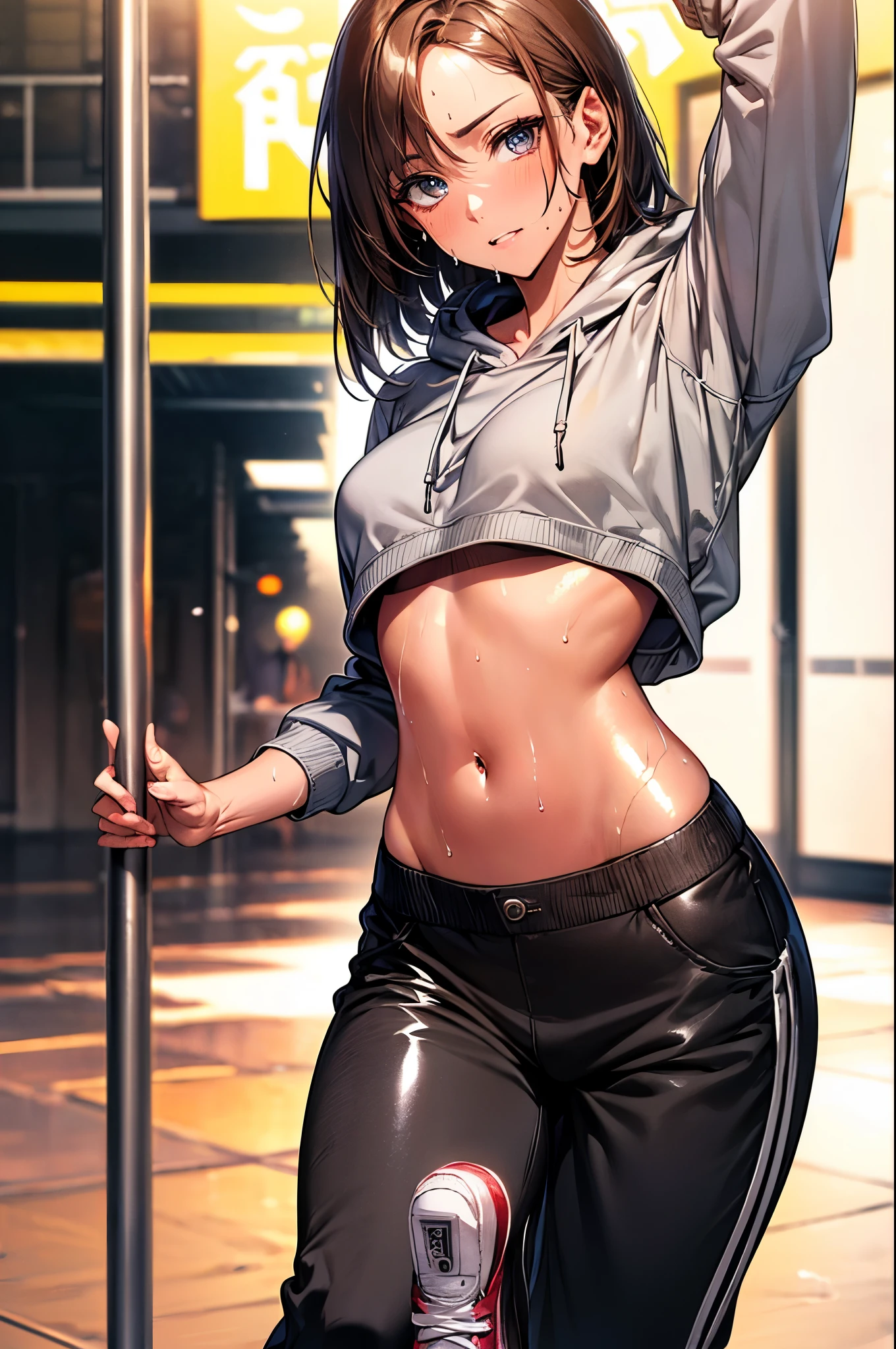 ((perfect anatomy:1.5,realistic:1.3,RAW Photography:1.3,masterpiece、highest quality、Ultra - High resolution、High resolution、Highly detailed CG、8K)),cowboy shot,1 female,solo,hip hop dancer,18-year-old、High school girl beautiful girl,Japanese,((beautiful detailed face and eyes:1.2,big gorgeous eyes:1.2,gray eyes)),dark brown hair,short bob hair,bangs,medium breasts,slender body,small head:1.3,skinny,(oily skin,gleaming skin,shiny skin、sweat:1.7),(dancing:1.5),((HIP-HOPファッション、white hoodie sweatshirt、crop top、navel、black micromini shorts)),sneaker shoe,sitting,dance studio,Tokyo、