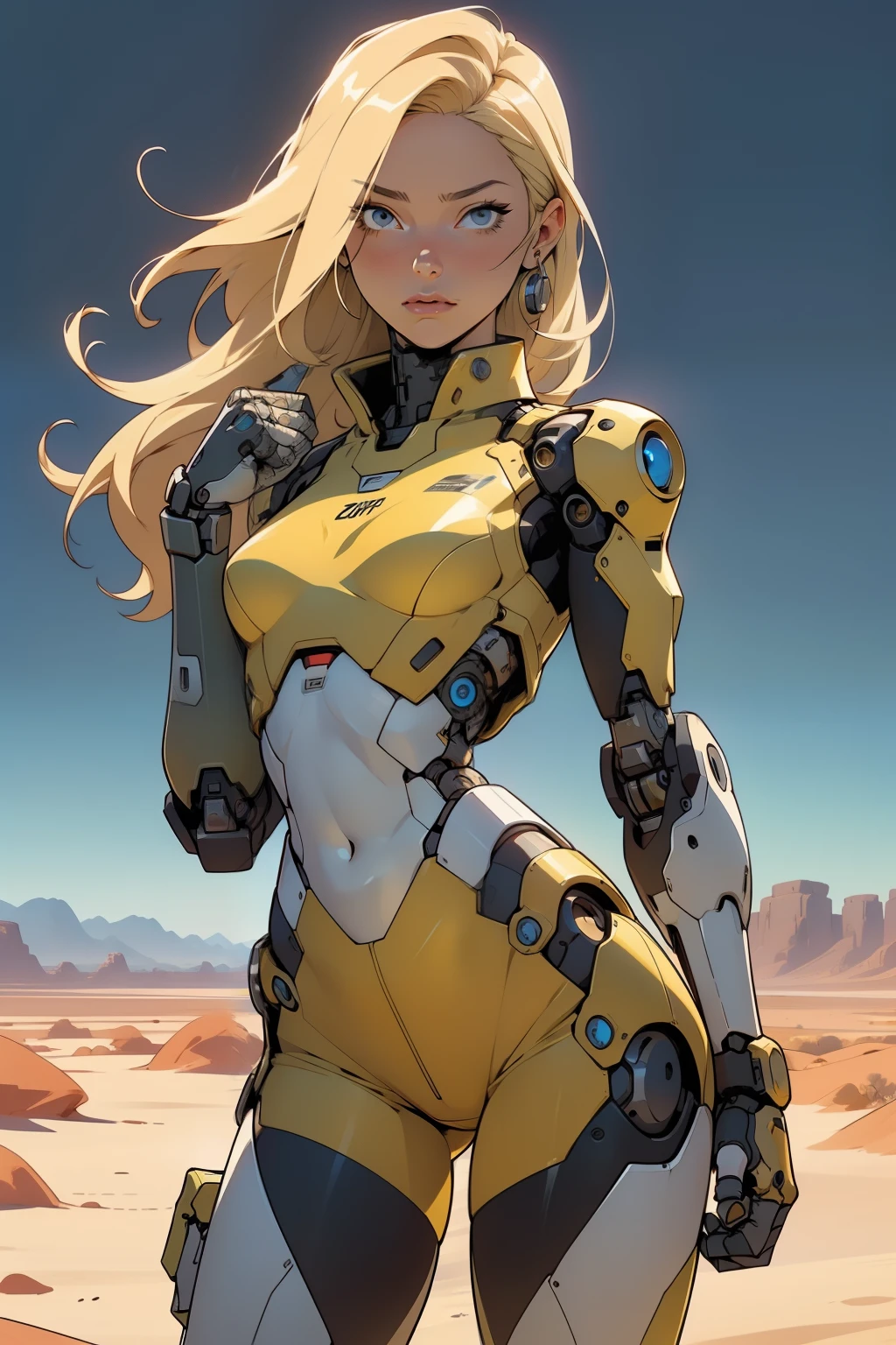 high quality, 4k, masterpiece, beautiful, cyborg girl, cowboy shot, dull eyes, front, looking at viewer, long blonde hair, girl, small breasts, fit thighs, robotic arms, robotic body, cyborg body, yellow uniform, red accent, intricate detail, joint, detailed lines, robotic detail, holding fist up, holding hand up as fist, color robotic parts, robotic parts with color, perfect fingers, on a desert planet, sunny background, colorful desert, a river or a lake in the background