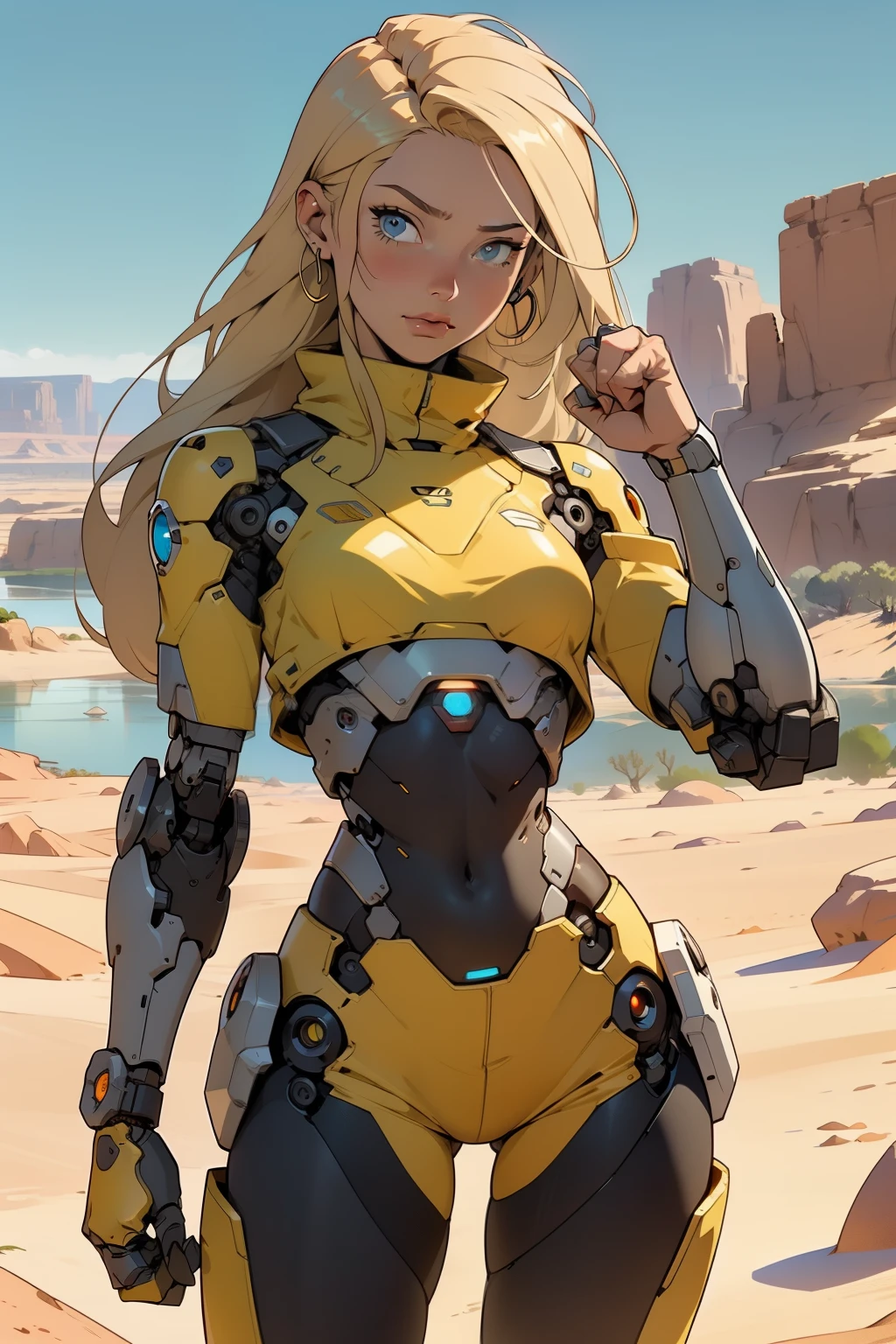 high quality, 4k, masterpiece, beautiful, cyborg girl, cowboy shot, dull eyes, front, looking at viewer, long blonde hair, girl, small breasts, fit thighs, robotic arms, robotic body, cyborg body, yellow uniform, red accent, intricate detail, joint, detailed lines, robotic detail, holding fist up, holding hand up as fist, color robotic parts, robotic parts with color, perfect fingers, on a desert planet, sunny background, colorful desert, a river or a lake in the background