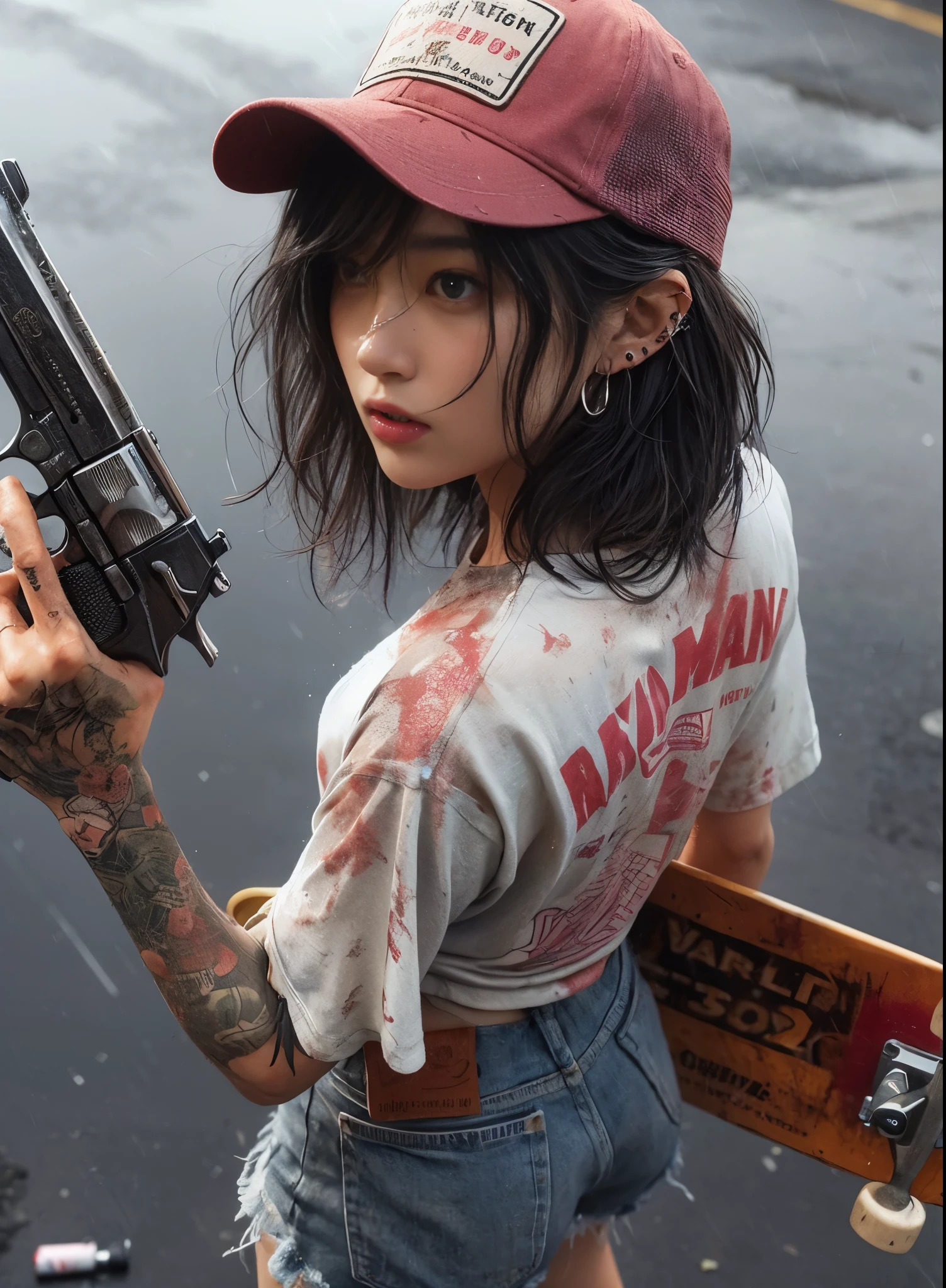 8K,realistic photo、realistic skin texture、A beautiful Japanese woman living in America&He turns around holding a Wesson M442 compact revolver.、Dirty and torn oversizedTshirt、baseball cap、Dirty high-top Vans sneakers、Holding a skateboard in one hand、It's raining and your clothes are wet、A town in chaos、face、moving action pose、cool composition、tattoo