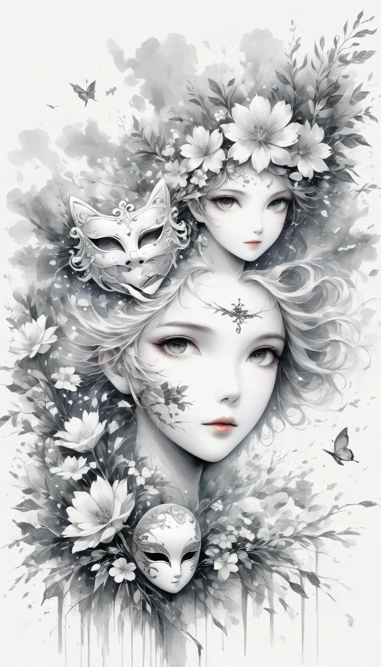 (Anime line drawing:1.5)，(black and white painting:1.45)，Minimalism，(line art:1.6)，sketch，Charcoal drawing，mask，flower,Illustration in surreal art style，surreal dream，Dubrec style,(multiple exposure：1.8),Dreams of happiness，