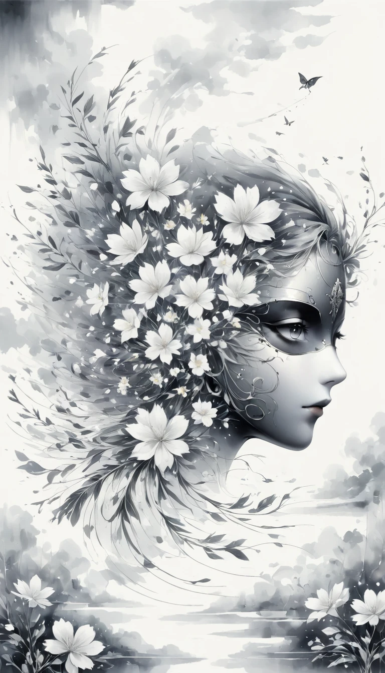 (Anime line drawing:1.5)，(black and white painting:1.45)，Minimalism，(line art:1.6)，sketch，Charcoal drawing，mask，flower,Illustration in surreal art style，surreal dream，Dubrec style,(multiple exposure：1.8),Dreams of happiness，