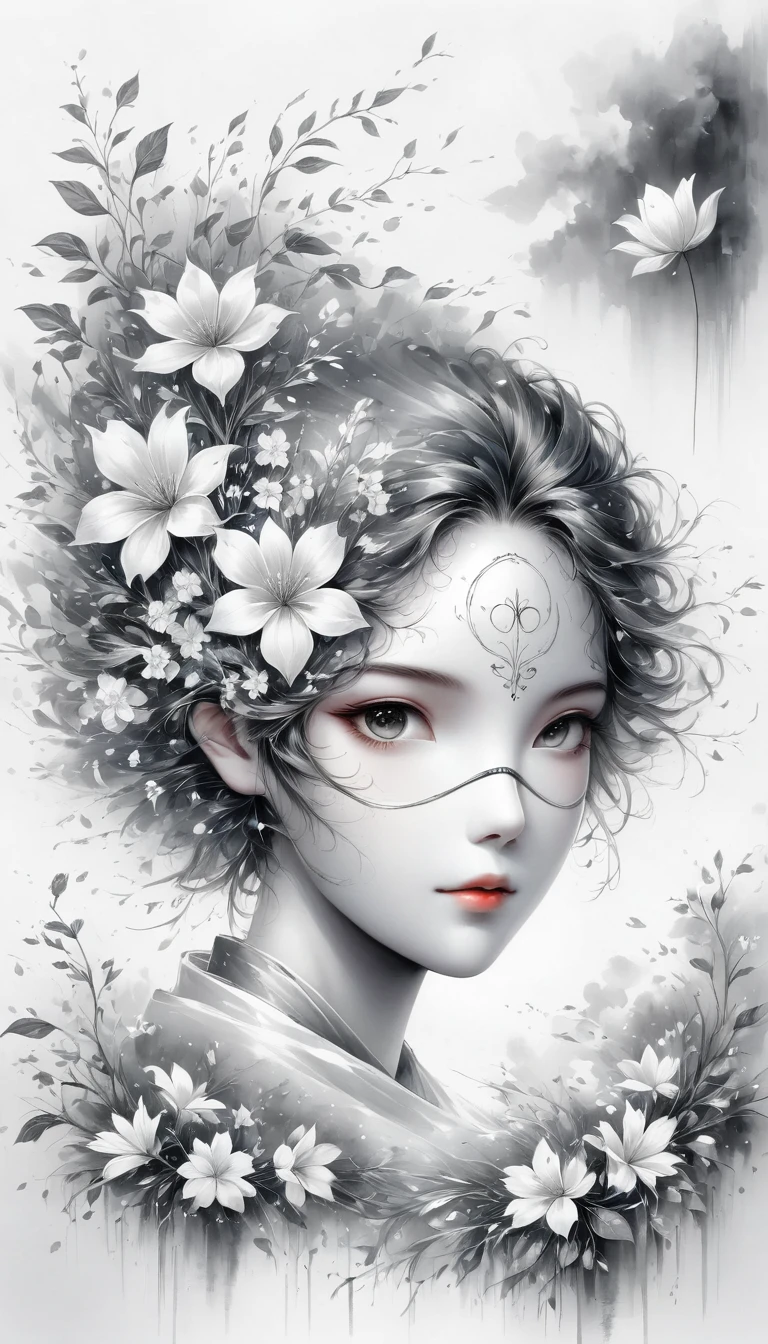 (Anime line drawing:1.5),(black and white painting:1.45),Minimalism,(line art:1.6),sketch,Charcoal drawing,mask,flower,Illustration in surreal art style,surreal dream,Dubrec style,(multiple exposure:1.8),Dreams of happiness,