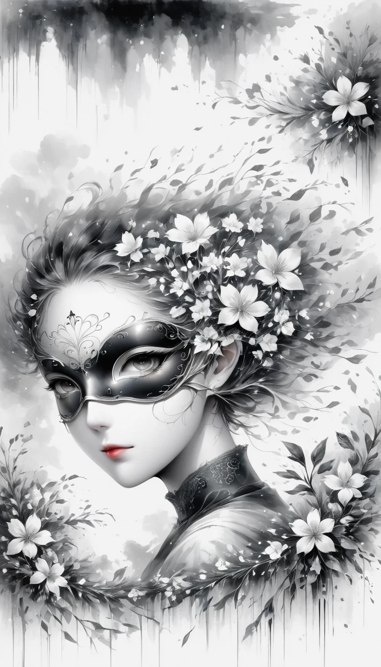 (Anime line drawing:1.5),(black and white painting:1.45),Minimalism,(line art:1.6),sketch,Charcoal drawing,mask,flower,Illustration in surreal art style,surreal dream,Dubrec style,(multiple exposure:1.8),Dreams of happiness,