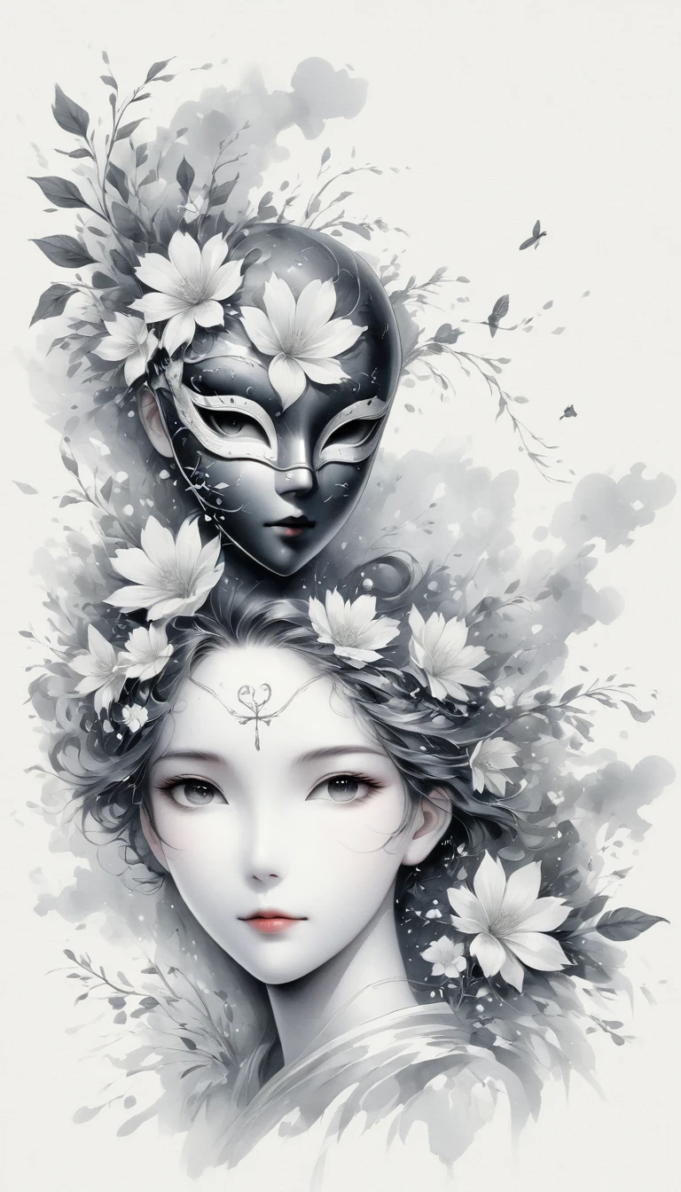 (Anime line drawing:1.5)，(black and white painting:1.45)，Minimalism，(line art:1.6)，sketch，Charcoal drawing，mask，flower,Illustration in surreal art style，surreal dream，Dubrec style,(multiple exposure：1.8),Dreams of happiness，