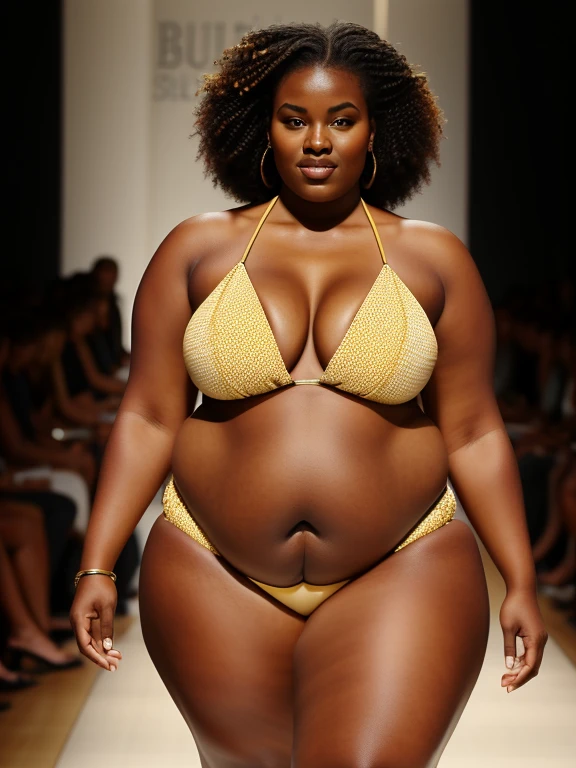 Plus size model, bloated belly, African woman, bikini, runway