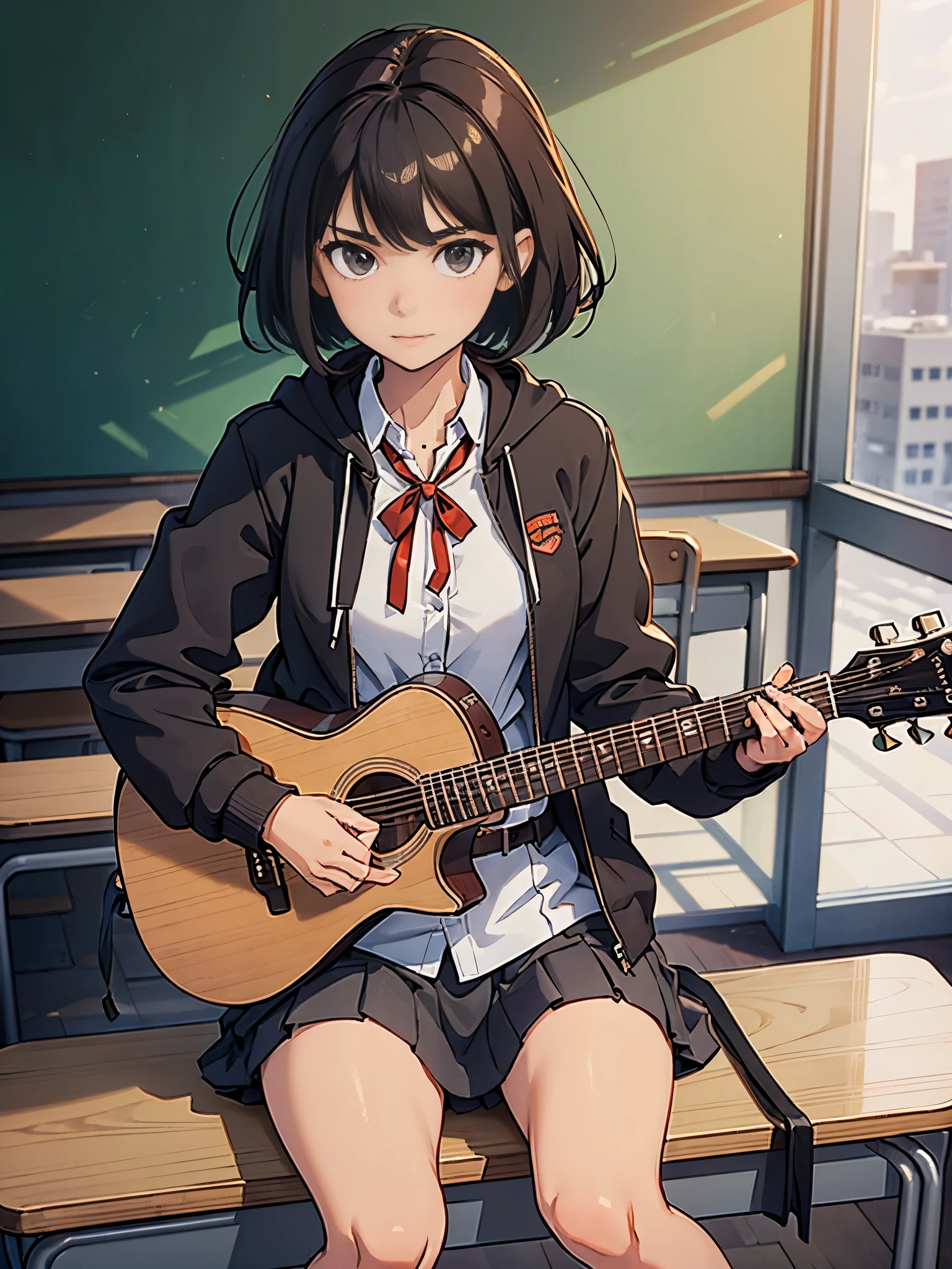 1girl, high school student, dark brown hoodie jacket, white shirt, red ribbon bow necktie, pleaded skirt, miniskirt, bare legs, black socks, brown shoes, jet black hair, short hair, green eyes, beautiful detailed eyes, beautiful detailed face, cute face, medium breasts, age 16-18, solo, solo focus, (playing guitar), classroom backdrop, warm lighting, empty classroom