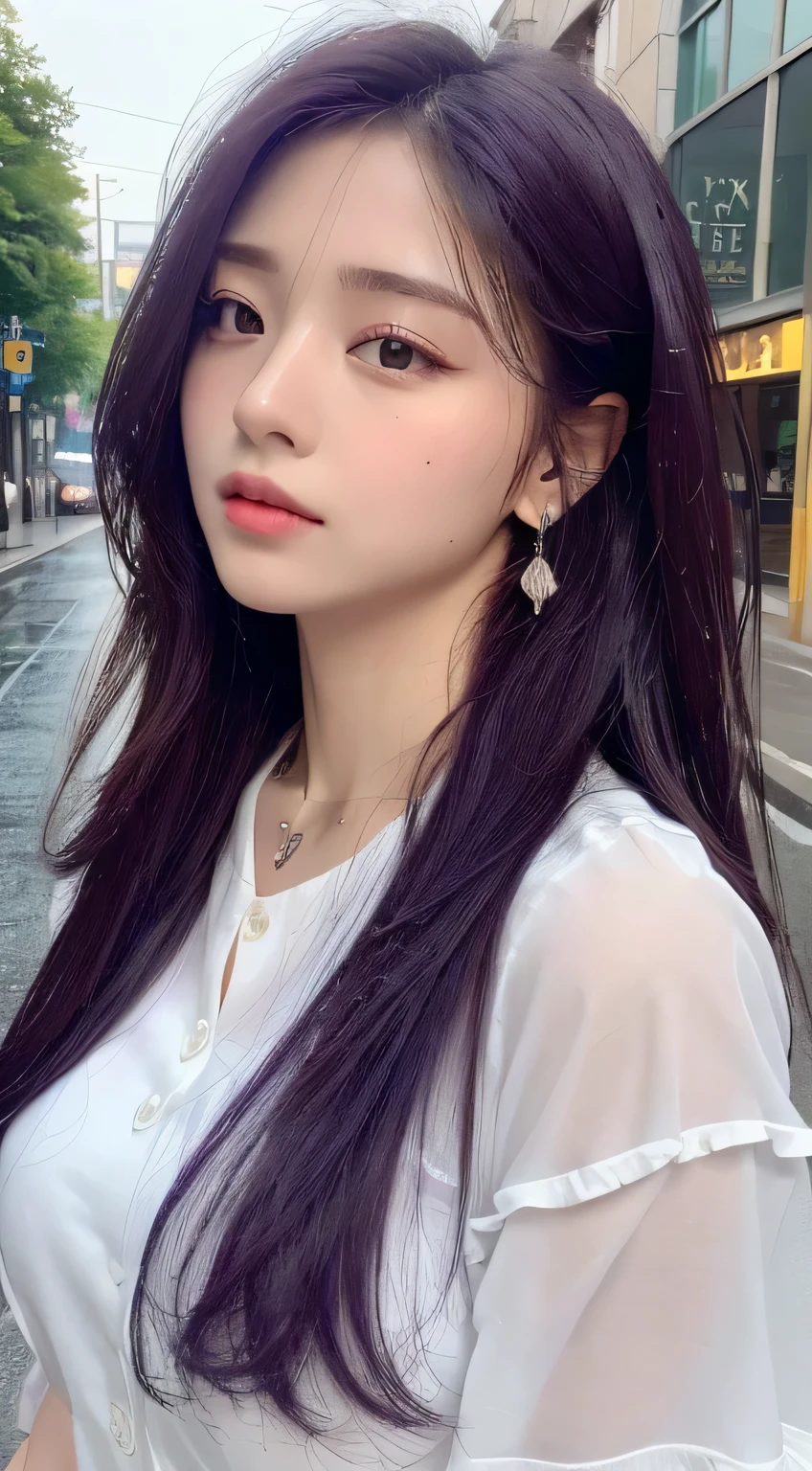 ((highest quality、8K、masterpiece:1.3))、sharp:1.2、perfect body beauty:1.4、slim abs:1.2、((layered hairstyles、huge :1.2))、(wet white button long shirt:1.1)、(rain、street:1.2)、Wet:1.5、Highly detailed face and skin texture、detailed eye、double eyelid、Looking at the camera、16 years old、shot cut、gorgeous necklace、earrings、purple hair