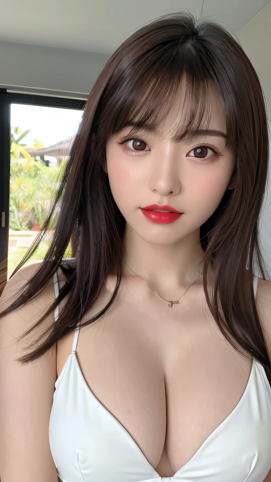 (highest quality、on the table、8K、best image quality、Award-winning work)、(young girl, 14 years old:1.3)、(white camisole:1.2)、(red eyeshadow:1.2)、perfect makeup、long eyelashes、Ultra HD Shining Eyes、ultra hd hair、ultra high resolution glossy lips、Super high resolution perfect teeth、Super high resolution cute face、brown hair、(very short straight hair:1.1)、look at me and smile、[clavicle]、accurate 、tropical beach、(the moodiest warm light:1.2)、blurred background、have bangs、Super high-resolution glossy and moisturized face、Super high resolution glowing skin、The most delicate face、Ultra high resolution detailed faces、ultra high resolution hair、Super high resolution shining eyes、Beautiful face with delicate expression、Super high resolution glossy red lips、、、fashion necklace、