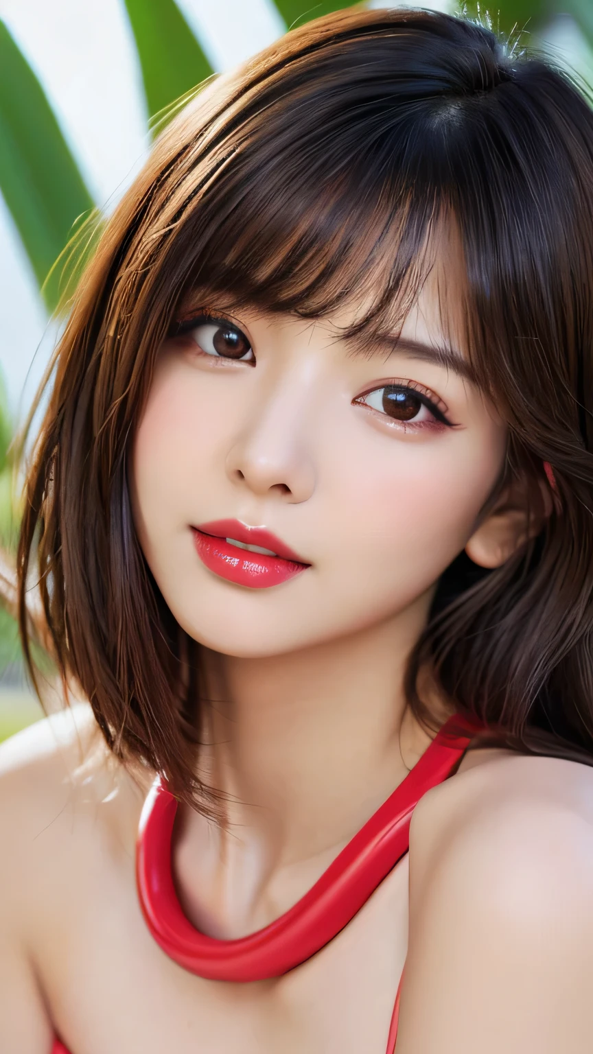 (highest quality、on the table、8K、best image quality、Award-winning work)、(young girl, :1.3)、(white camisole:1.2)、(red eyeshadow:1.2)、perfect makeup、long eyelashes、Ultra HD Shining Eyes、ultra hd hair、ultra high resolution glossy lips、Super high resolution perfect teeth、Super high resolution cute face、brown hair、(very short straight hair:1.1)、look at me and smile、[clavicle]、accurate anatomy、tropical beach、(the moodiest warm light:1.2)、blurred background、have bangs、Super high-resolution glossy and moisturized face、Super high resolution glowing skin、The most delicate face、Ultra high resolution detailed faces、ultra high resolution hair、Super high resolution shining eyes、Beautiful face with delicate expression、Super high resolution glossy red lips、big breasts、cleavage、fashion necklace、
