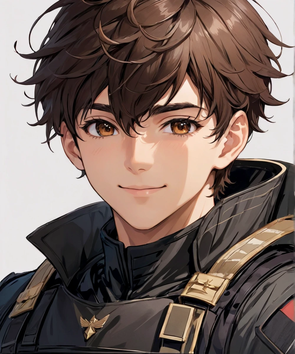 [Head shoot. Upper body. Modern Style. White background.] [young, male soldier. black clothes] [calm expression, smile] [tan skin, strong, handsome] [Small, cold brown eyes] [thick eyebrows, long eyelashes] [Messy, wavy, tousled, dark brunette hair]