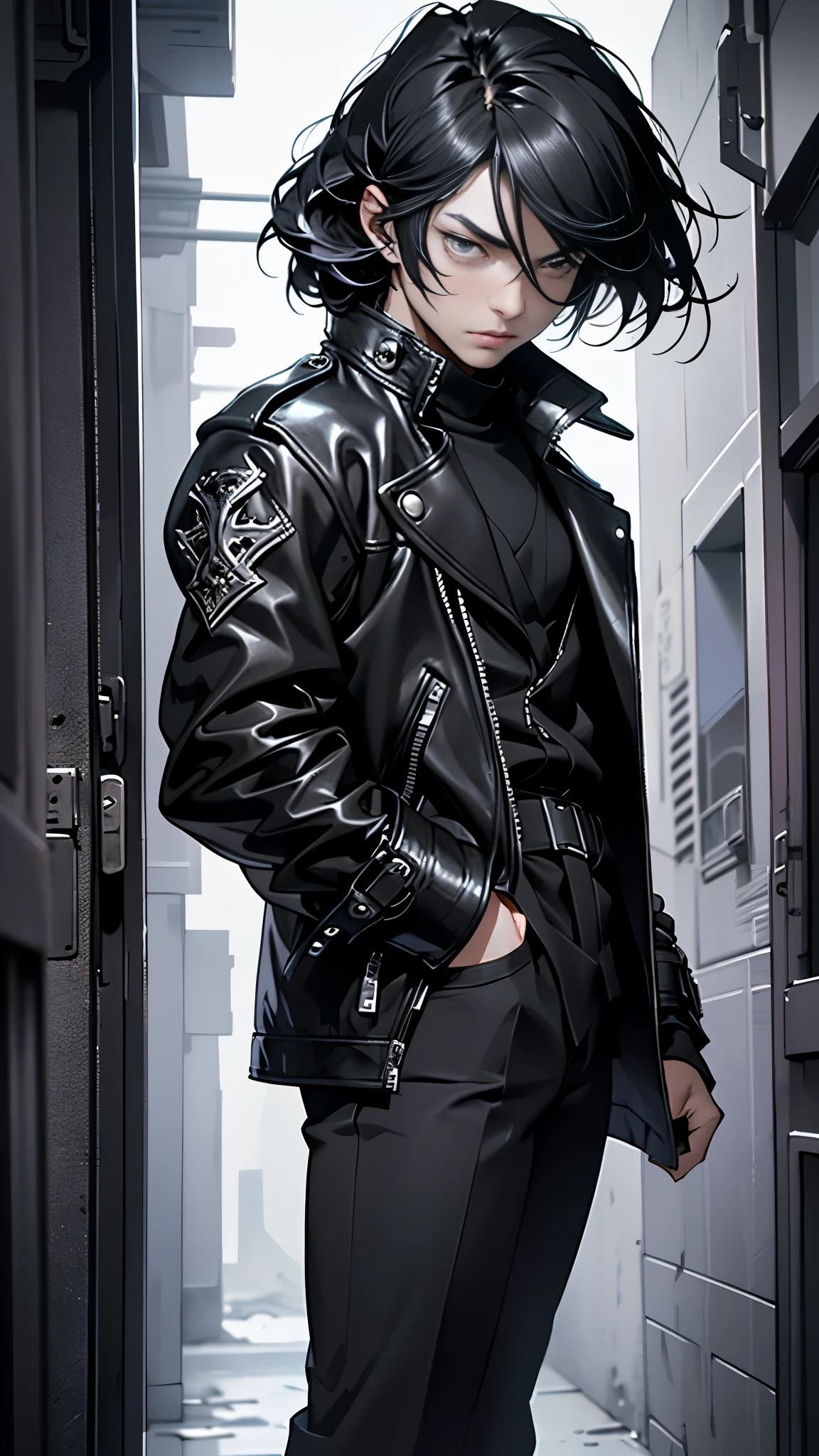 (((1man))) wearing a ((best quality)) leather coat, ((medium black hair)) styled in an emo fashion, and vibrant black eyes that ((look at the viewer)) with intensity. This ((masterpiece)) showcases the ((fantasy aesthetics)) of the ((shadowverse style)) with ((highly detailed)) features. The ((solo)) male focus creates a captivating atmosphere as he stands confidently, his ((closed mouth)) adding a sense of mystery. The image is captured in ((best quality)), allowing for ((medium black hair)) to have a lustrous shine and the vibrant black eyes to mesmerize.