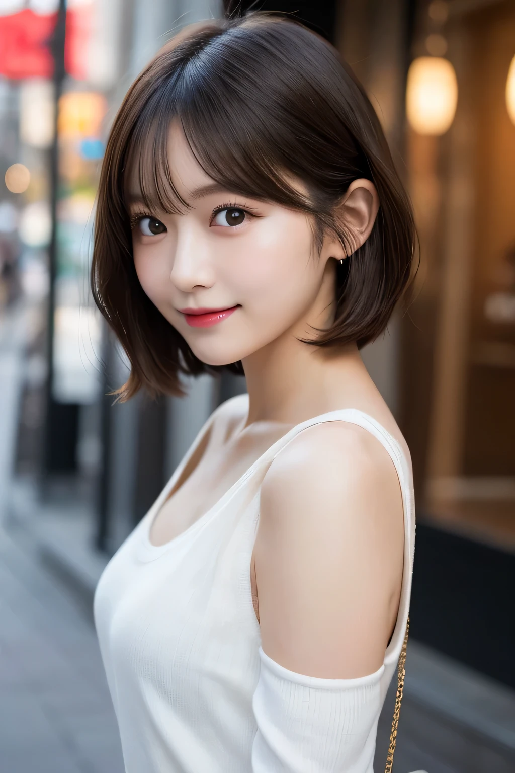 table top, highest quality, figure, Super detailed, finely, High resolution, 8k wallpaper, Perfect dynamic composition figure, detailed and beautiful eyes, ladies fashion summer,short bob hair,small breasts natural color lip, bold sexy pose,smile,Harajuku、20 year old girl、cute、sexy shot looking at camera