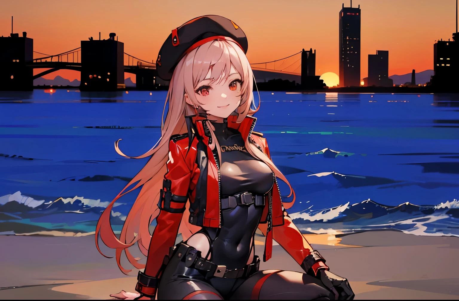 (Good anatomy, best quality, anime style, 4k) Rapi (Nikke), long hair, looking you, little smile, black and red beret, black bodysuit, red jacket, red belt, black legwears, sea at sunset, city behind, colorful