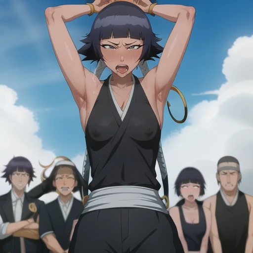 ( Animation screenshots:1.1),outdoor, Nipples exposed, 1 woman, alone, black hair, side breasts,eternal, short hair with long locks, japanese clothing, - Hip vents, no underwear,short hair, small breasts, (white eyes:1.1),No eyeballs, Also available in black, no headgear,low double braids,facing the audience, looking at the audience, tired, from below, (露armpit:1.1), ((armpit:1.2)), Sexy, Sweat dripping, More and more sweat,(ahegao), (Roll your eyes), naughty face, blush, open mouth, Sticking out tongue, saliva, Slobber,Runny nose,skinny, raise arms, (arms above head:1.5)