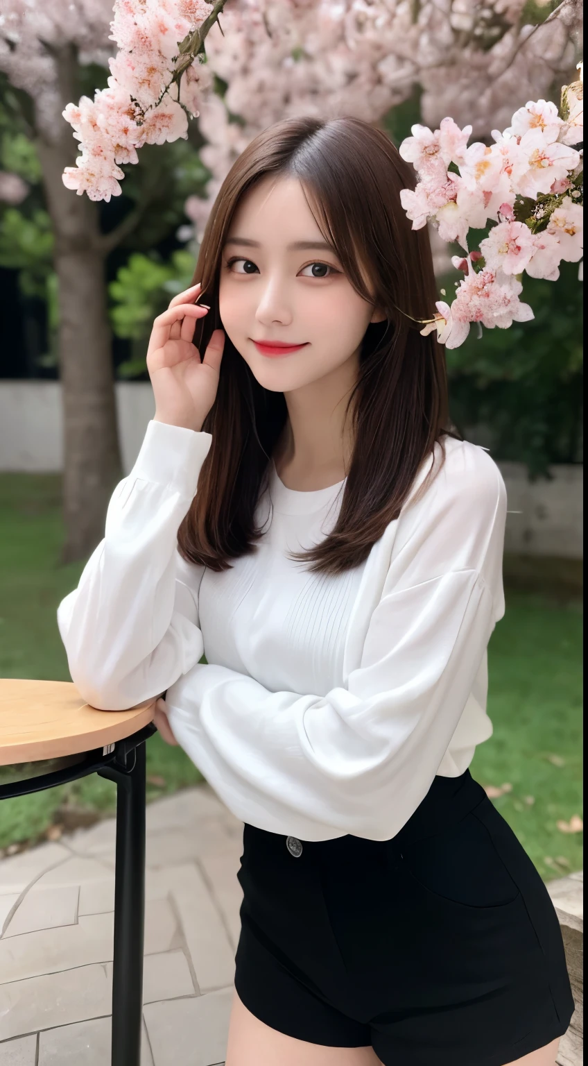 table top, highest quality, shape, Super detailed, finely, High resolution, 8k wallpaper, 完璧なダイナミックな構shape, beautiful and detailed eyes, straight hair, small breasts, natural color lip, random sexy pose,smile,20 year old girl、Beautiful and dense face、perfect and beautiful face,Big eyes、Raw photo、beautiful and detailed eyes、small face、beautiful duplex、slim face and style,beautiful golden ratio face、long sleeve blouse、black shorts、smile、Blurred night cherry blossom background