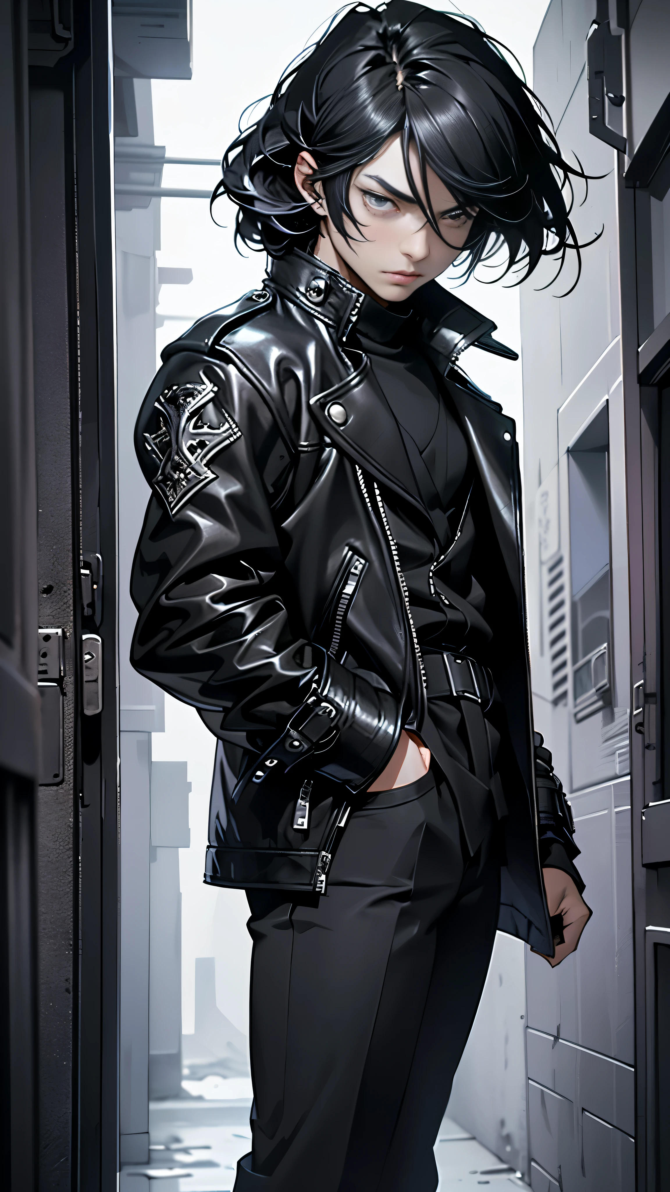 (((1man))) wearing a ((best quality)) leather coat, ((medium black hair)) styled in an emo fashion, and vibrant black eyes that ((look at the viewer)) with intensity. This ((masterpiece)) showcases the ((fantasy aesthetics)) of the ((shadowverse style)) with ((highly detailed)) features. The ((solo)) male focus creates a captivating atmosphere as he stands confidently, his ((closed mouth)) adding a sense of mystery. The image is captured in ((best quality)), allowing for ((medium black hair)) to have a lustrous shine and the vibrant black eyes to mesmerize.