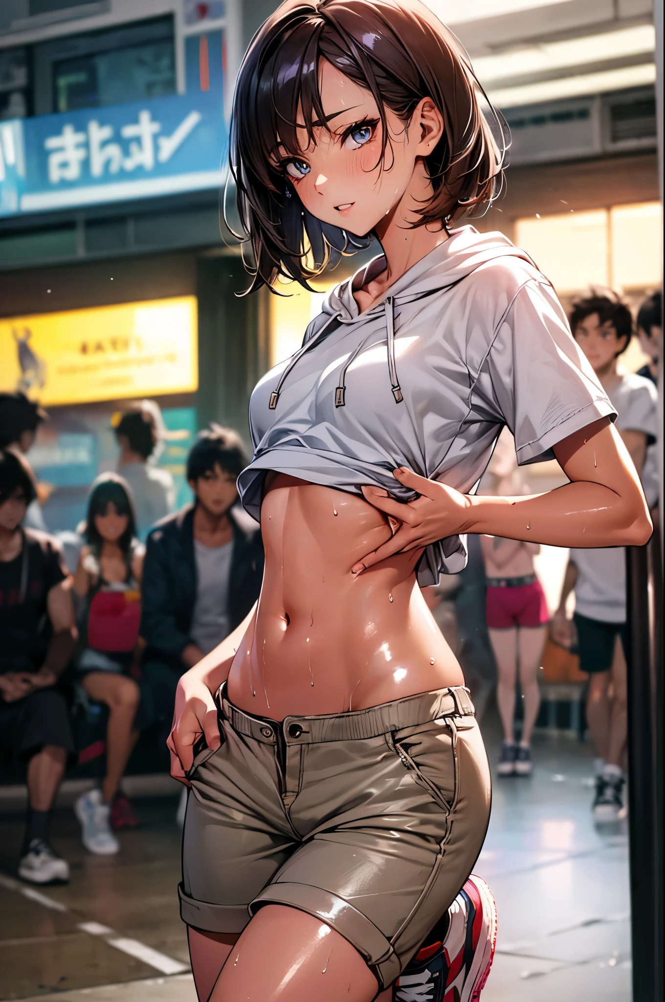 ((perfect anatomy:1.5,realistic:1.3,RAW Photography:1.3,masterpiece、highest quality、Ultra - High resolution、High resolution、Highly detailed CG、8K)),cowboy shot,1 female,solo,street dancer,18-year-old、High school girl beautiful girl,Japanese,((beautiful detailed face and eyes:1.2,big gorgeous eyes:1.2,gray eyes)),dark brown hair,short bob hair,bangs,medium breasts,slender body,small head:1.3,skinny,(oily skin,gleaming skin,shiny skin、sweat:1.7),(dancing:1.5),((HIP-HOPファッション、hoodie sweatshirt,crop top、navel、micro shorts,sneaker shoes)),dance studio,Tokyo、