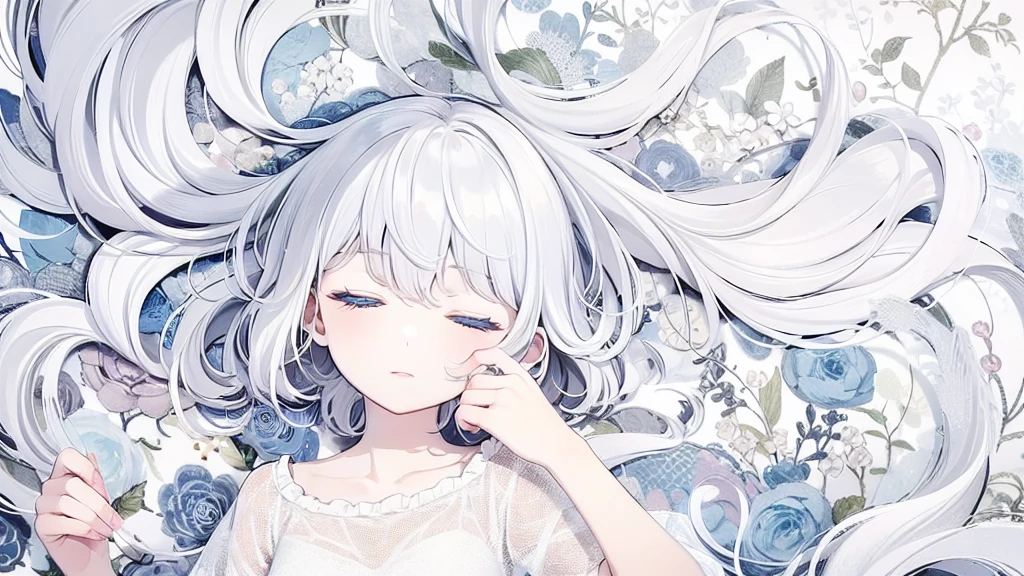 ((masterpiece, best quality))++, Detail lights+, detail hair+, Detail hand+ ,1 girl, long gray hair, dark blue eyes, beautiful eyes, Young gray hair,,(beautiful white hair:1.5),(beautiful eyes), high resolution+, , Glass tones, Reflective eyeanyery detail wallpaper, The original, ,Headband ,,single ponytail,,Girl sleeping at home,Wear a nightgown,closed eyes