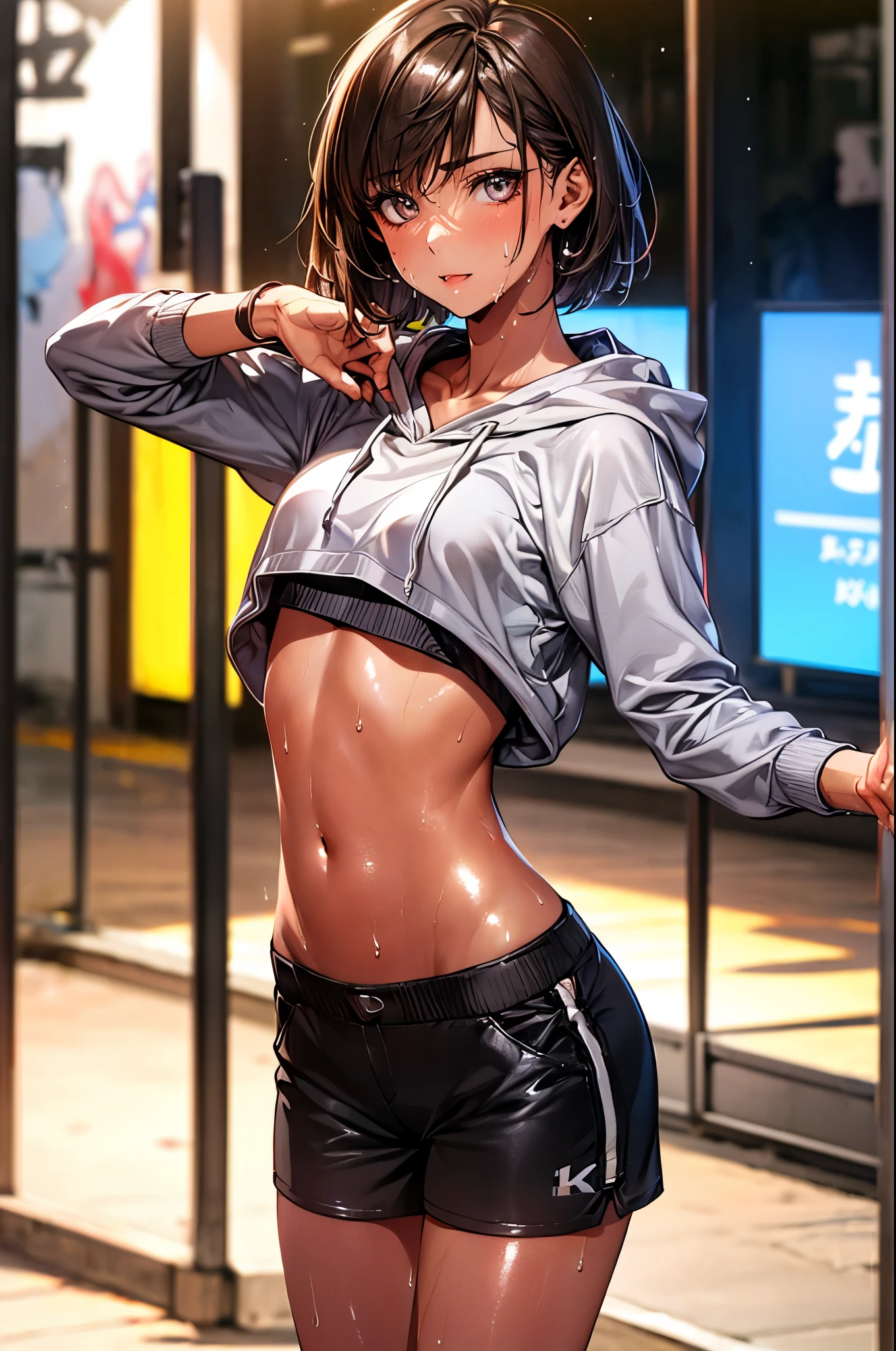((perfect anatomy:1.5,realistic:1.3,RAW Photography:1.3,masterpiece、highest quality、Ultra - High resolution、High resolution、Highly detailed CG、8K)),cowboy shot,1 female,solo,street dancer,18-year-old、High school girl beautiful girl,Japanese,((beautiful detailed face and eyes:1.2,big gorgeous eyes:1.2,gray eyes)),dark brown hair,short bob hair,bangs,medium breasts,slender body,small head:1.3,skinny,(oily skin,gleaming skin,shiny skin、sweat:1.7),(dancing:1.5),((HIP-HOPファッション、hoodie sweatshirt,crop top、navel、micro shorts,sneaker shoes)),dance studio,Tokyo、