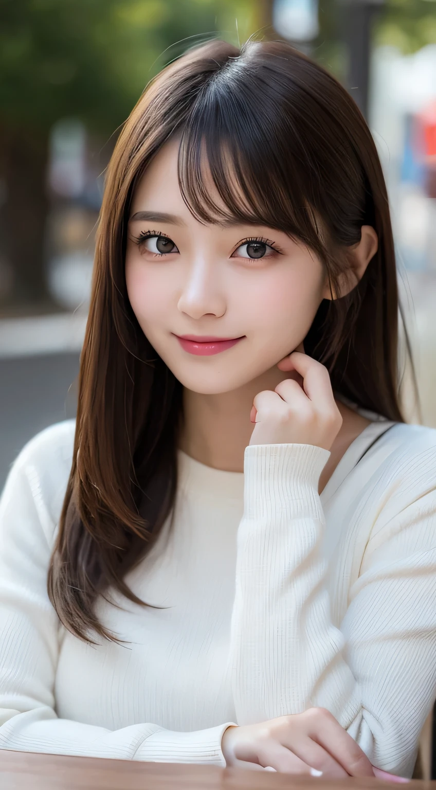 table top, highest quality, shape, Super detailed, finely, High resolution, 8k wallpaper, perfect dynamic composition shape, beautiful and detailed eyes, women winter fashion,small breasts natural color lip,smile,Harajuku、20 year old girl、cute、sexy shot looking at camera