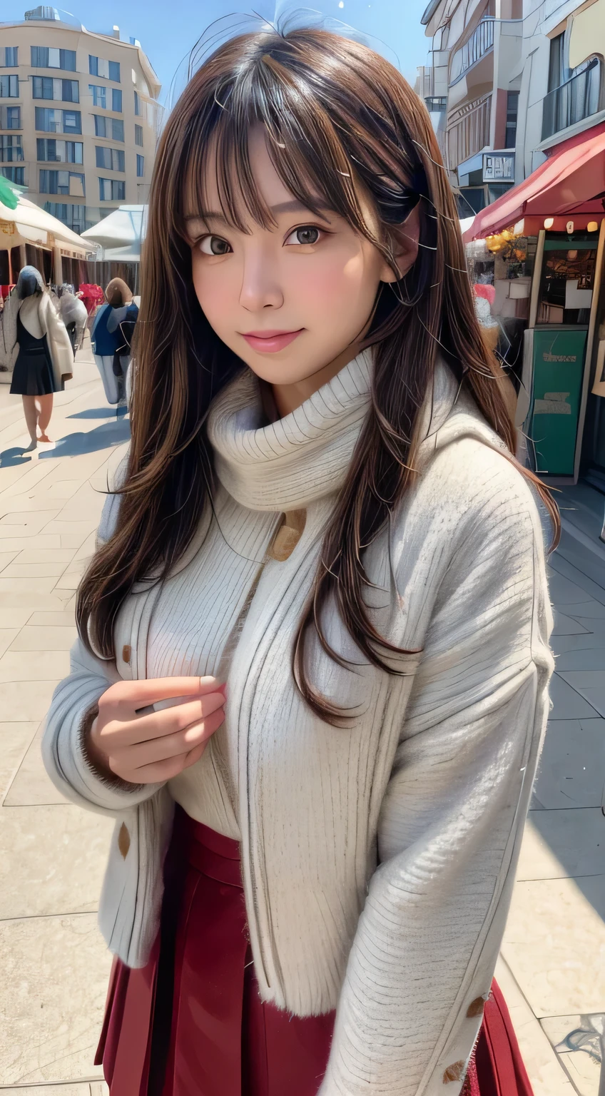(8K,masterpiece, Raw photo,highest quality:1.4),(photo-realistic:1.2),(extremely detailed face),(shiny skin),(fine skin),(detailed face),(very beautiful face),1 girl,looking at the viewer,japanese idol(actress), brown hair,medium hair,straight hair,asymmetrical bangs,smile,Glamour,big breasts, (fleece jacket, turtleneck sweater, pleated skirt, scarf:1.3) ,christmas market,face focus,Natural light
